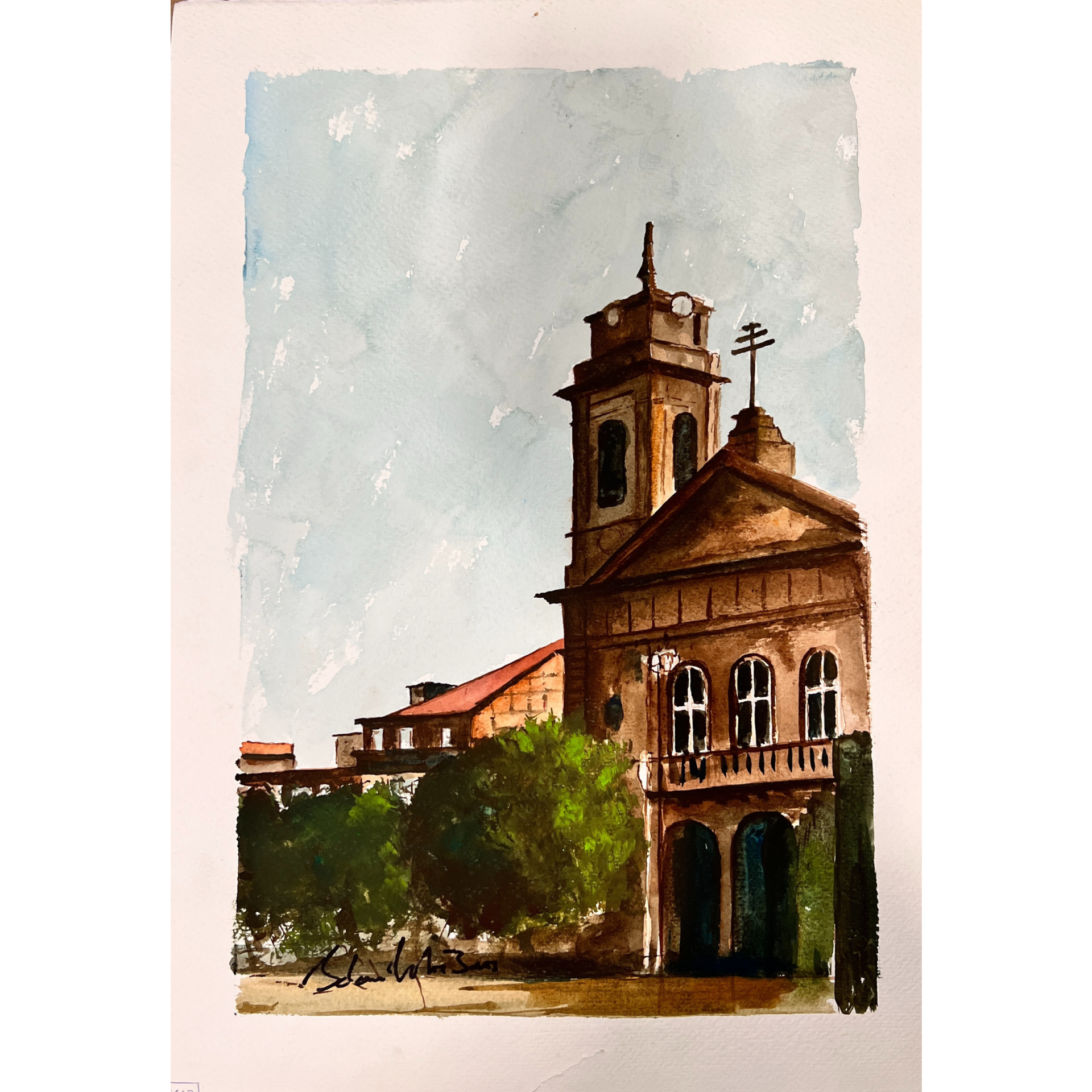 Pintura em aguarela de edifício histórico com torre e árvores verdes em frente