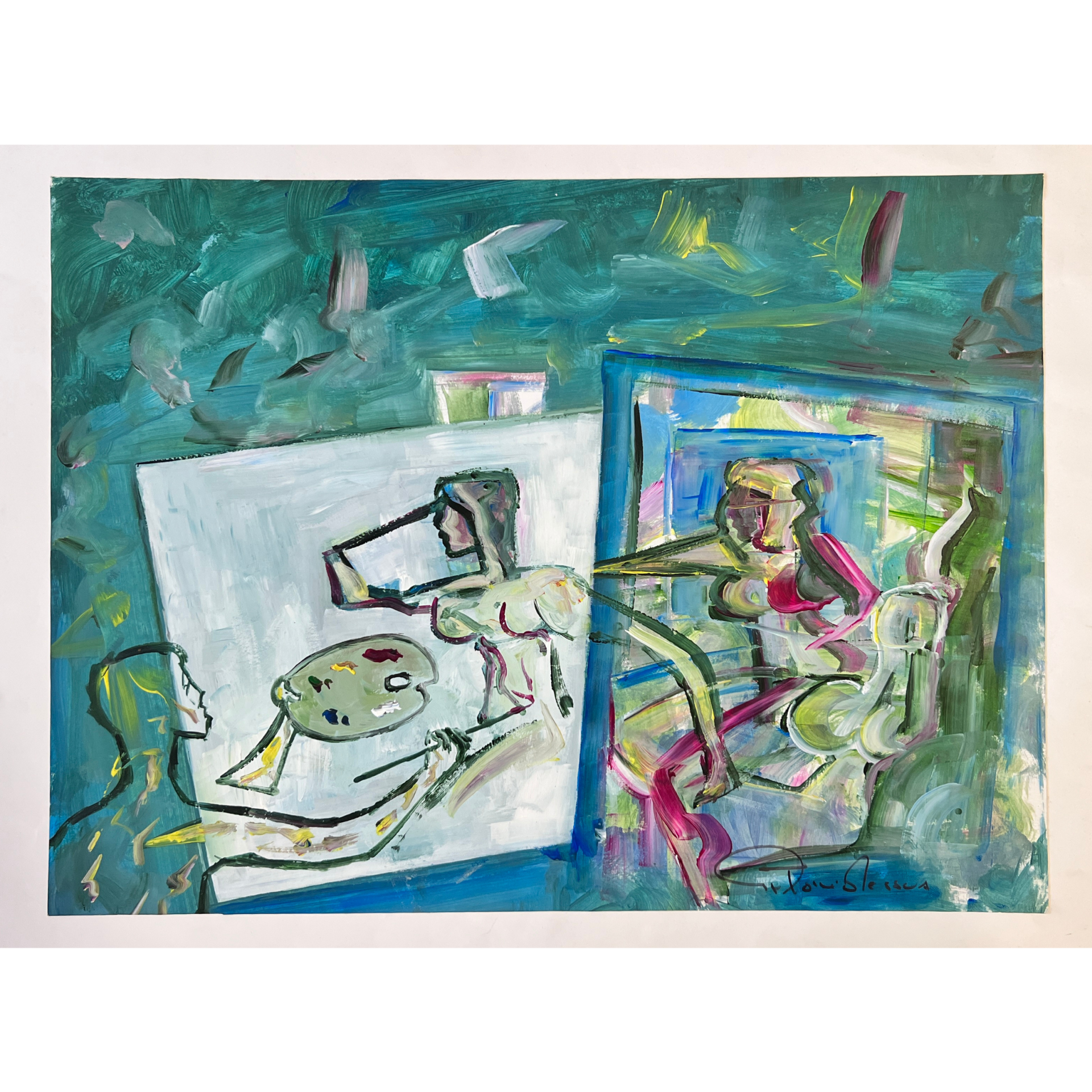 Pintura abstrata de artista a pintar figura feminina com várias cores vibrantes