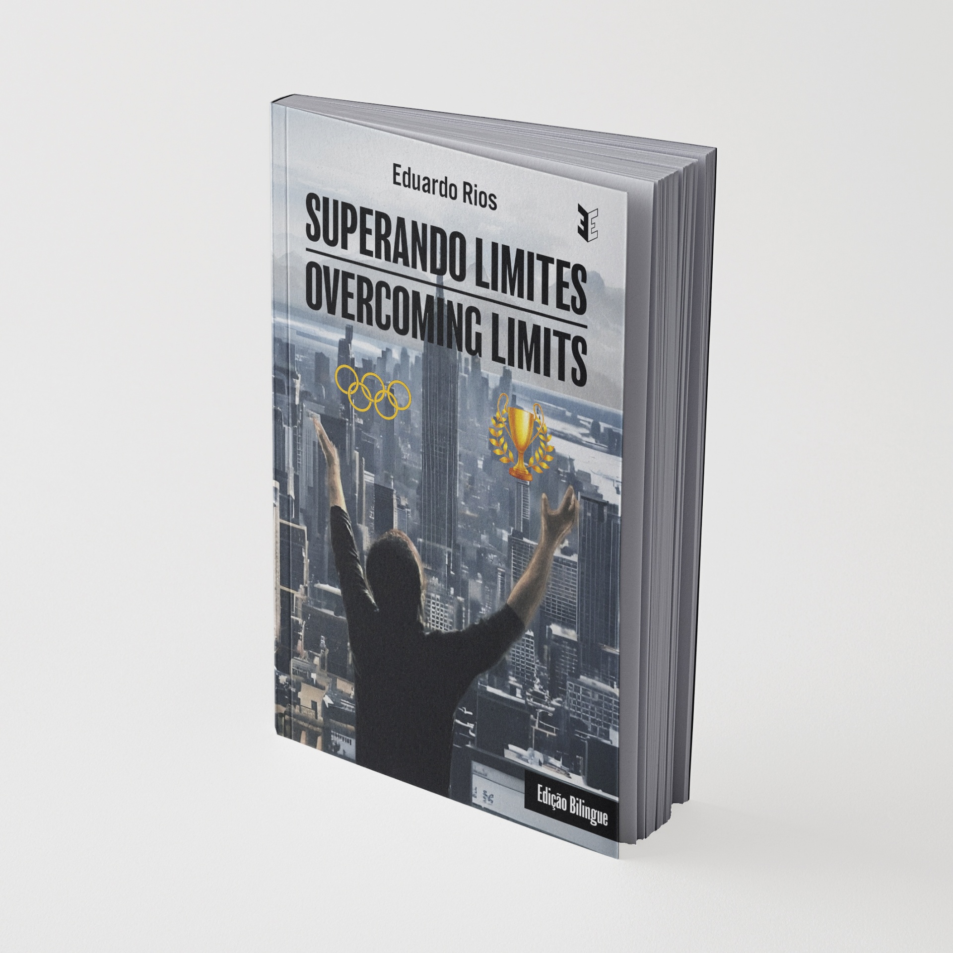 Capa de livro Superando Limites, mostrando uma pessoa com os braços erguidos e elementos olímpicos.
