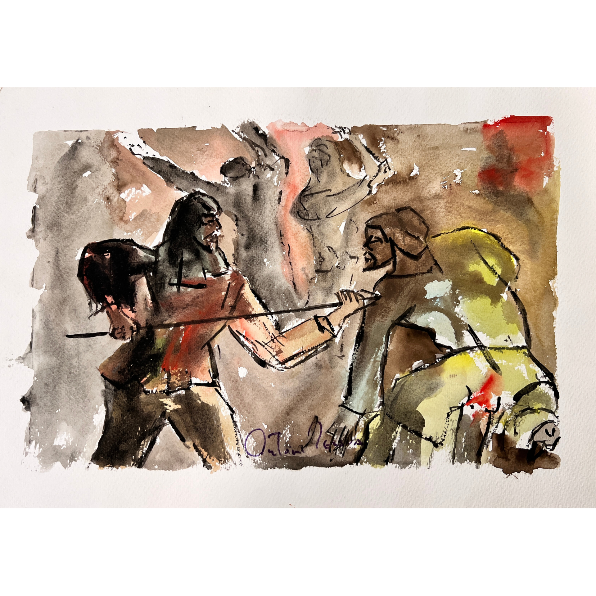 Pintura abstrata em papel de pessoas em confronto com arma em tons cinza, vermelho e amarelo