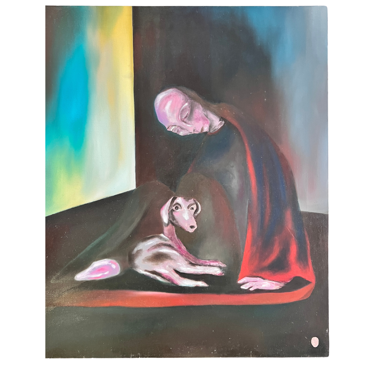 Pintura abstrata de figura humana e cão em tons escuros com fundo colorido