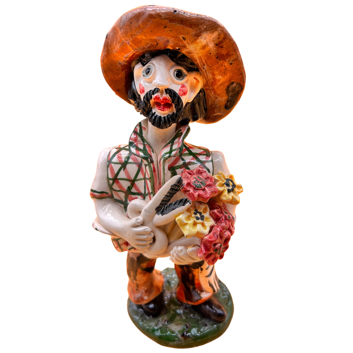 Estatueta cerâmica homem com chapéu e flores