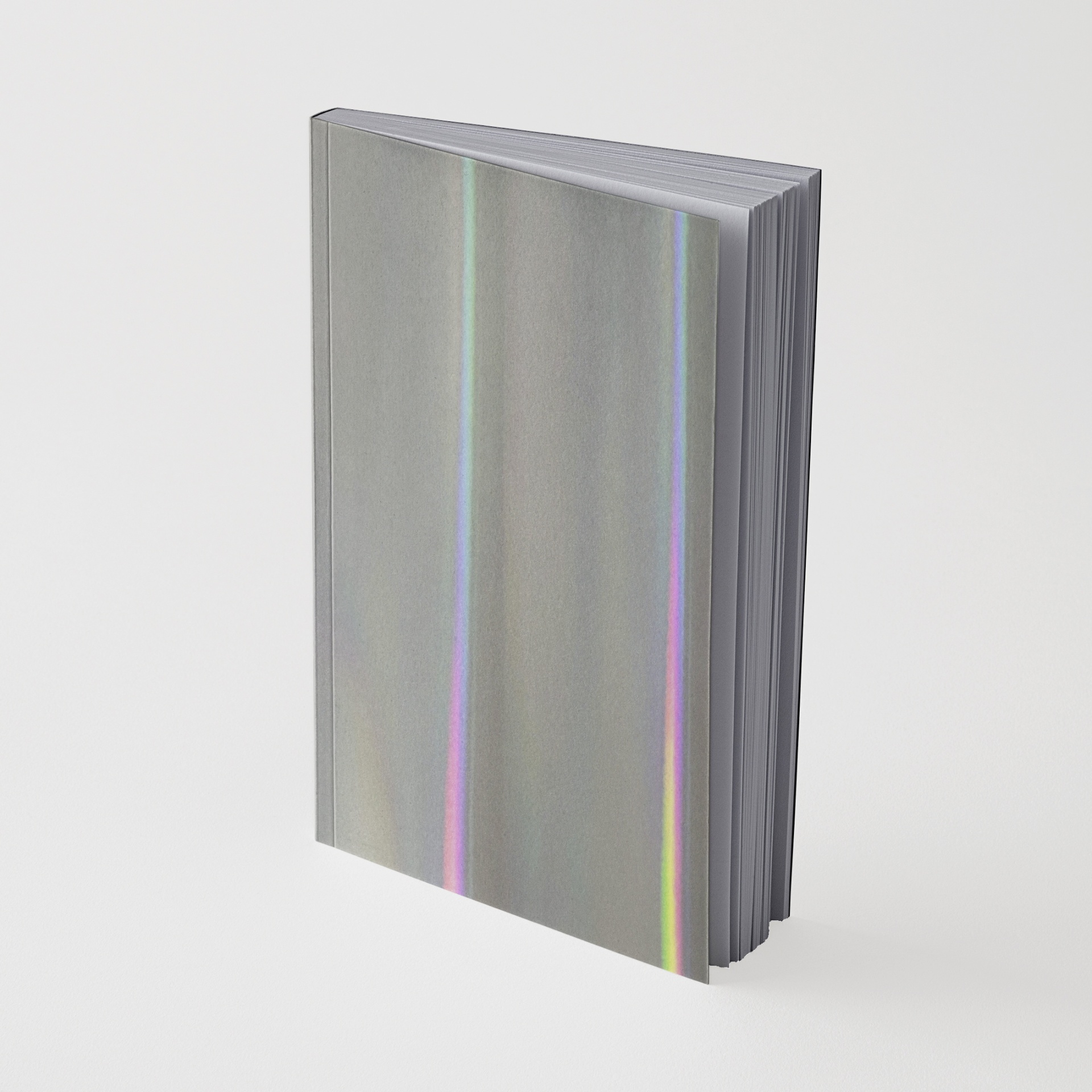Livro com capa cinzenta holográfica e páginas brancas.