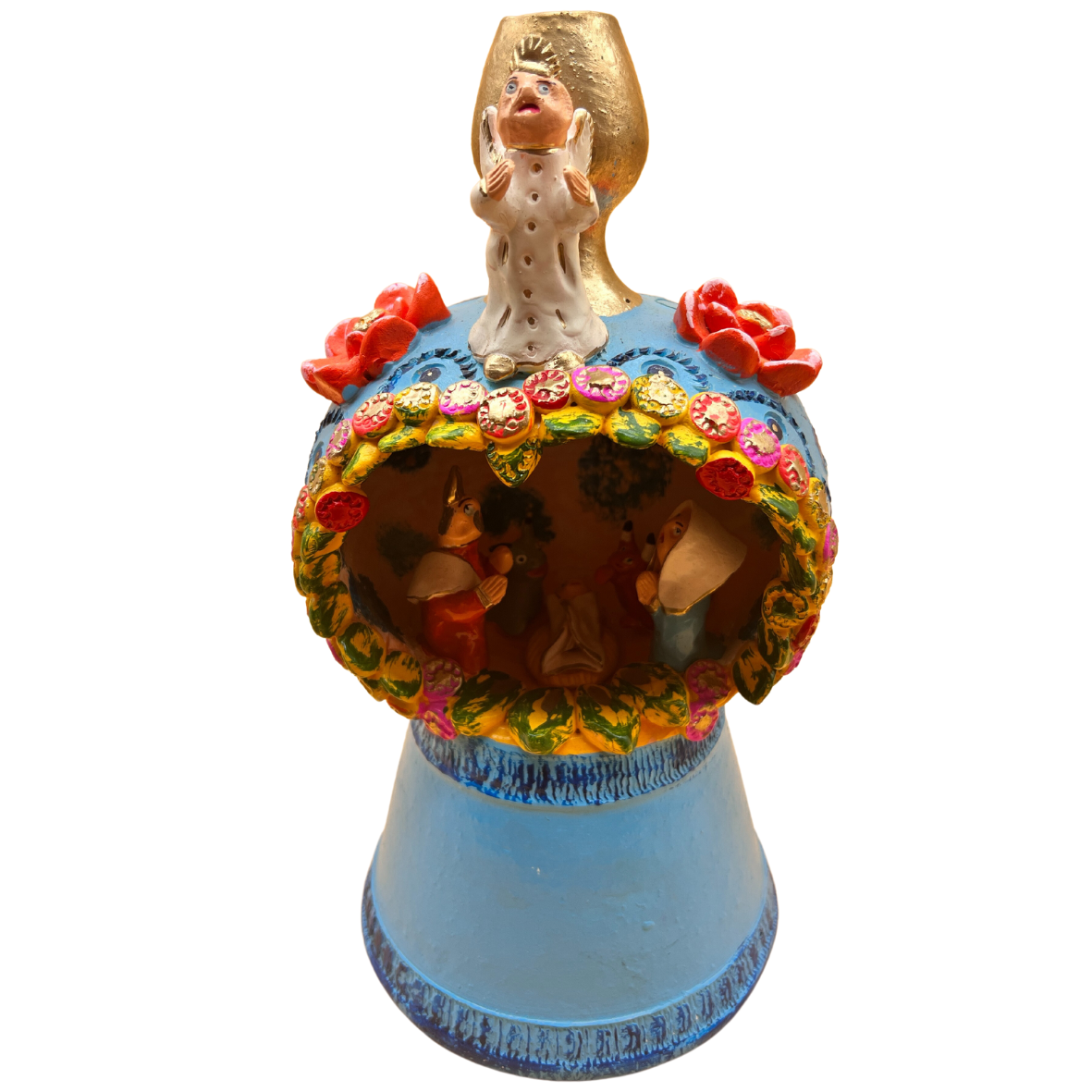 Campainha decorativa de cerâmica colorida com figuras humanas e flores.