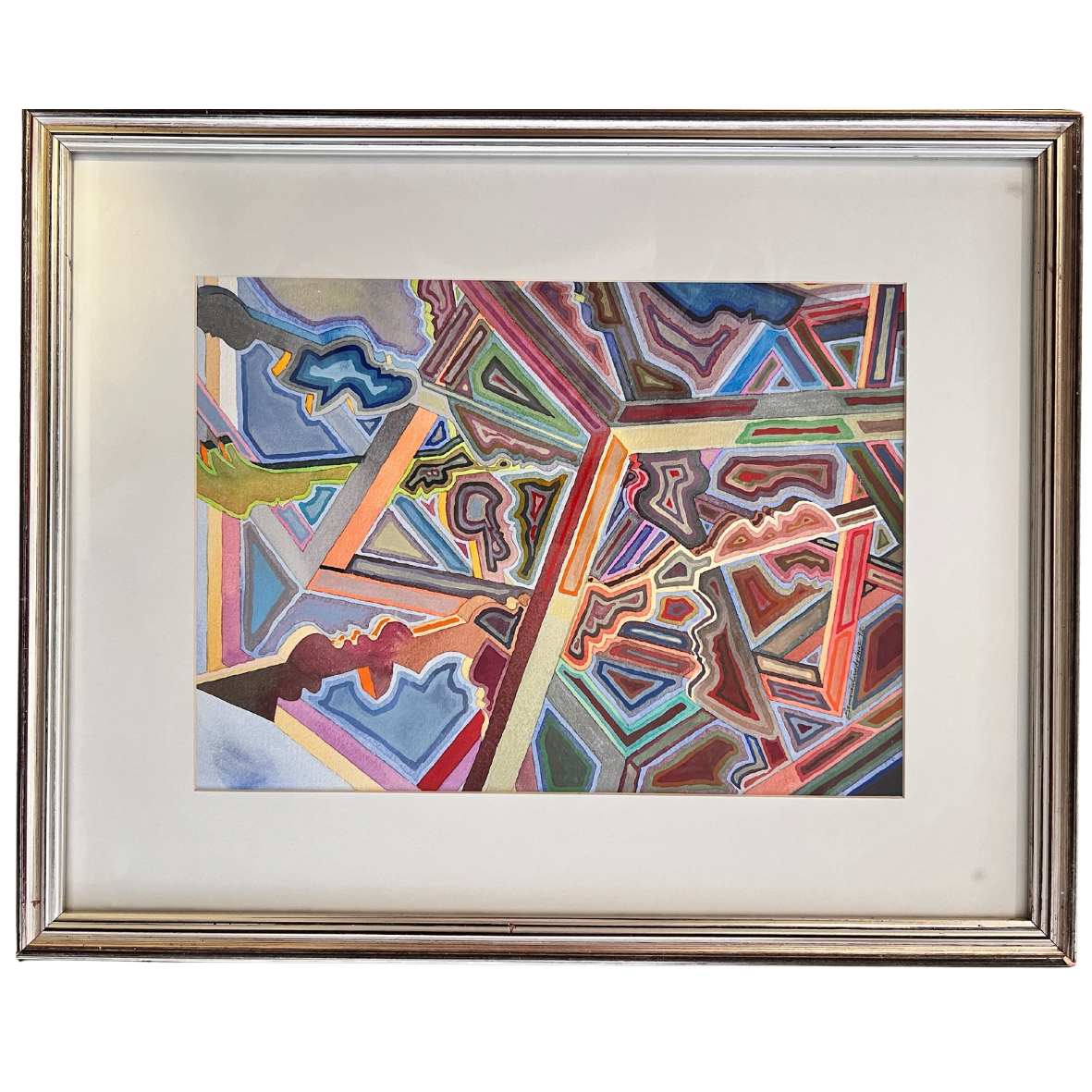 Pintura abstrata colorida em moldura de madeira prateada envelhecida