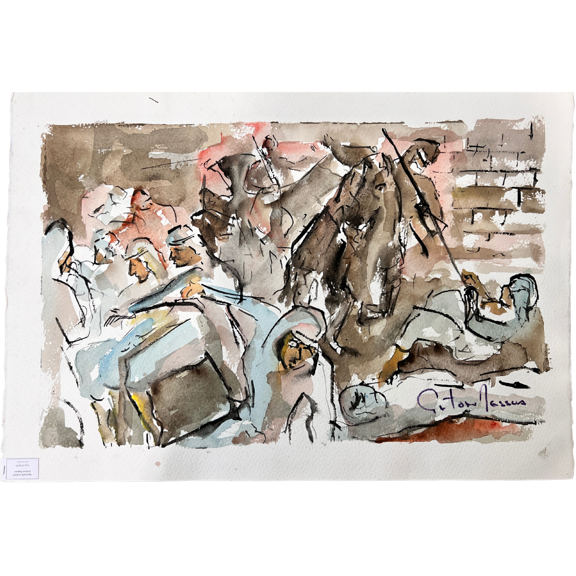 Pintura em aguarela com figuras humanas e cavalos, assinada Cota de Macena