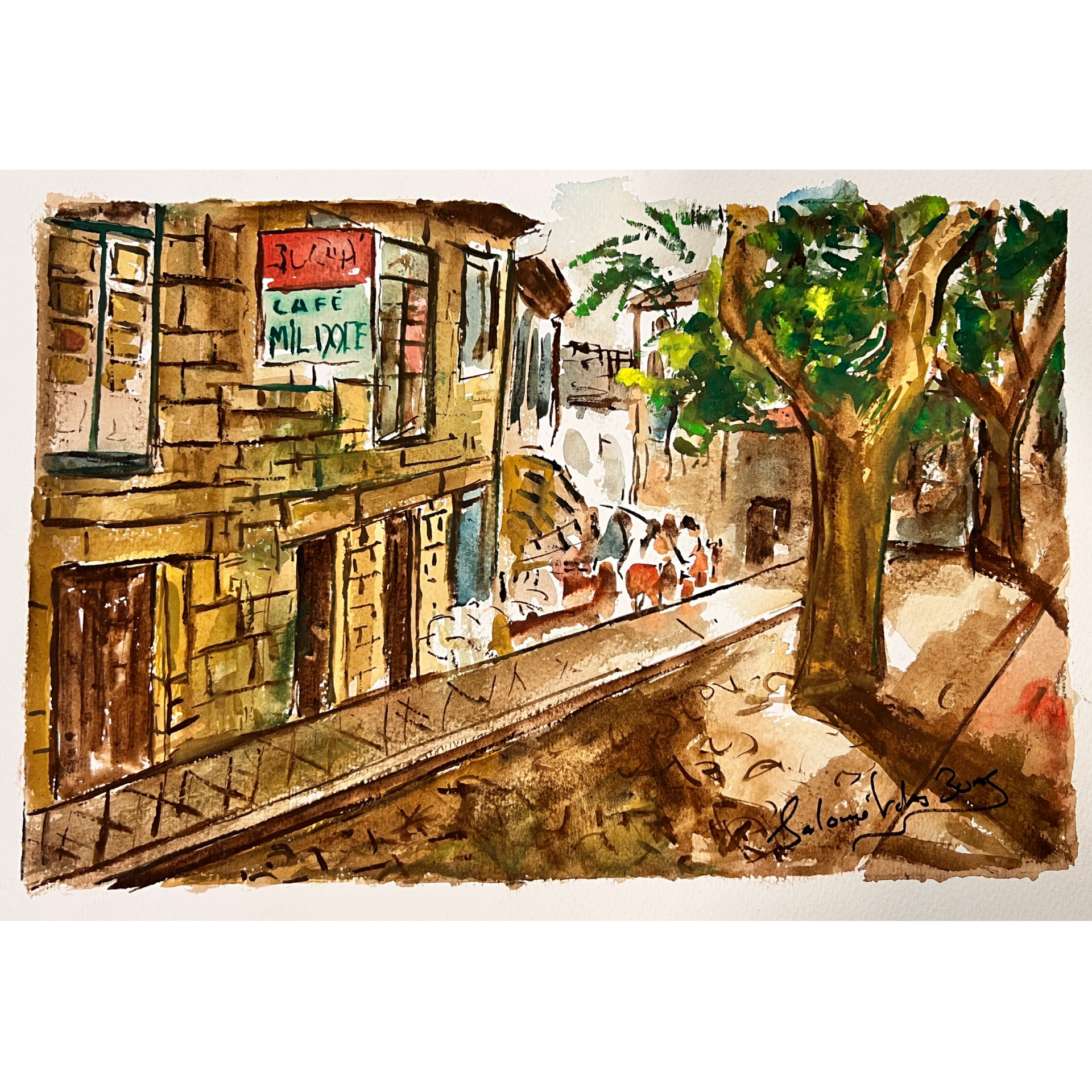 Pintura de rua com edifício de pedra, árvore e placa 'CAFE MILOULE'