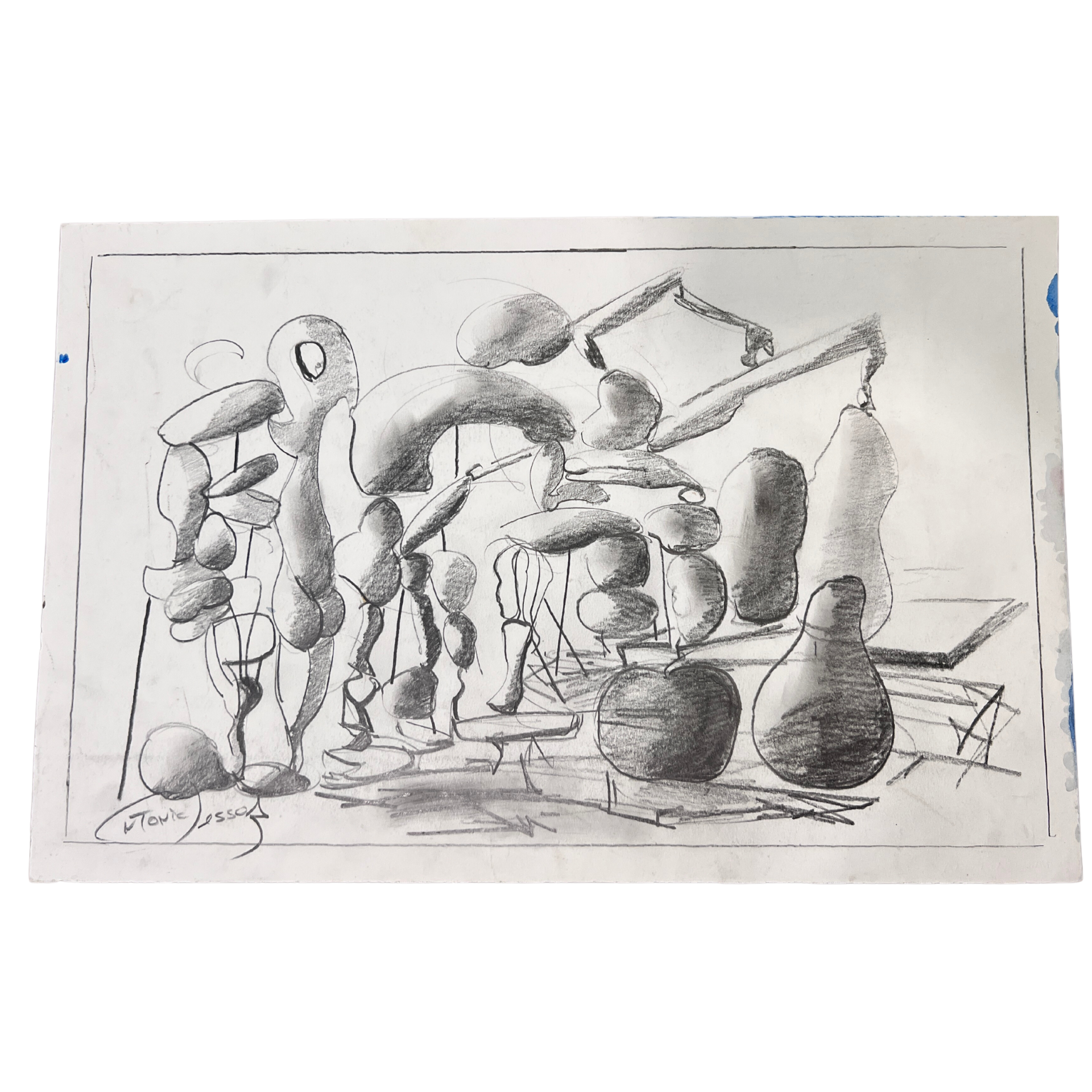 Desenho a lápis abstrato com formas orgânicas e linhas finas, assinado 'TOM JESS'.