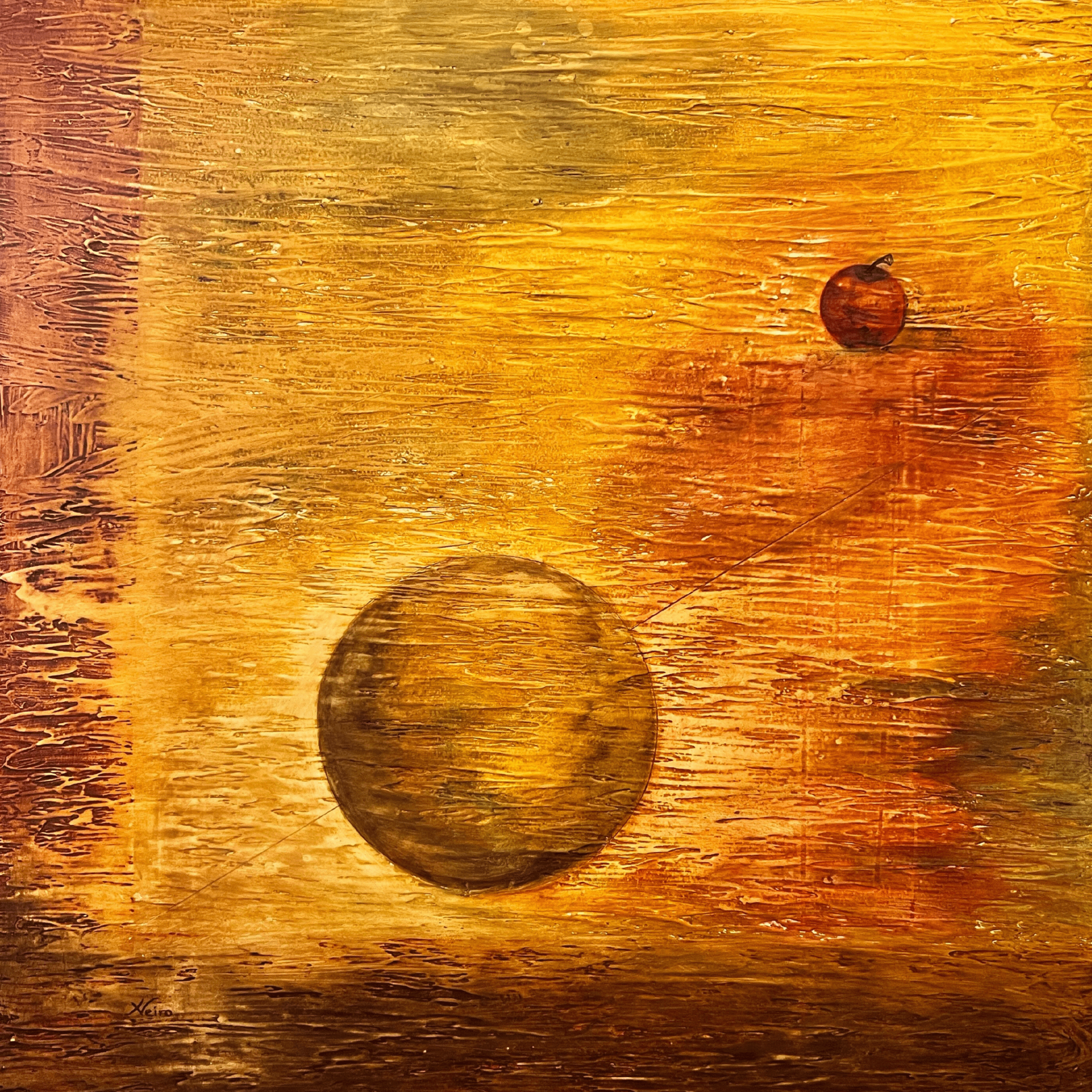 Pintura abstrata com duas esferas em tons quentes sobre fundo texturado