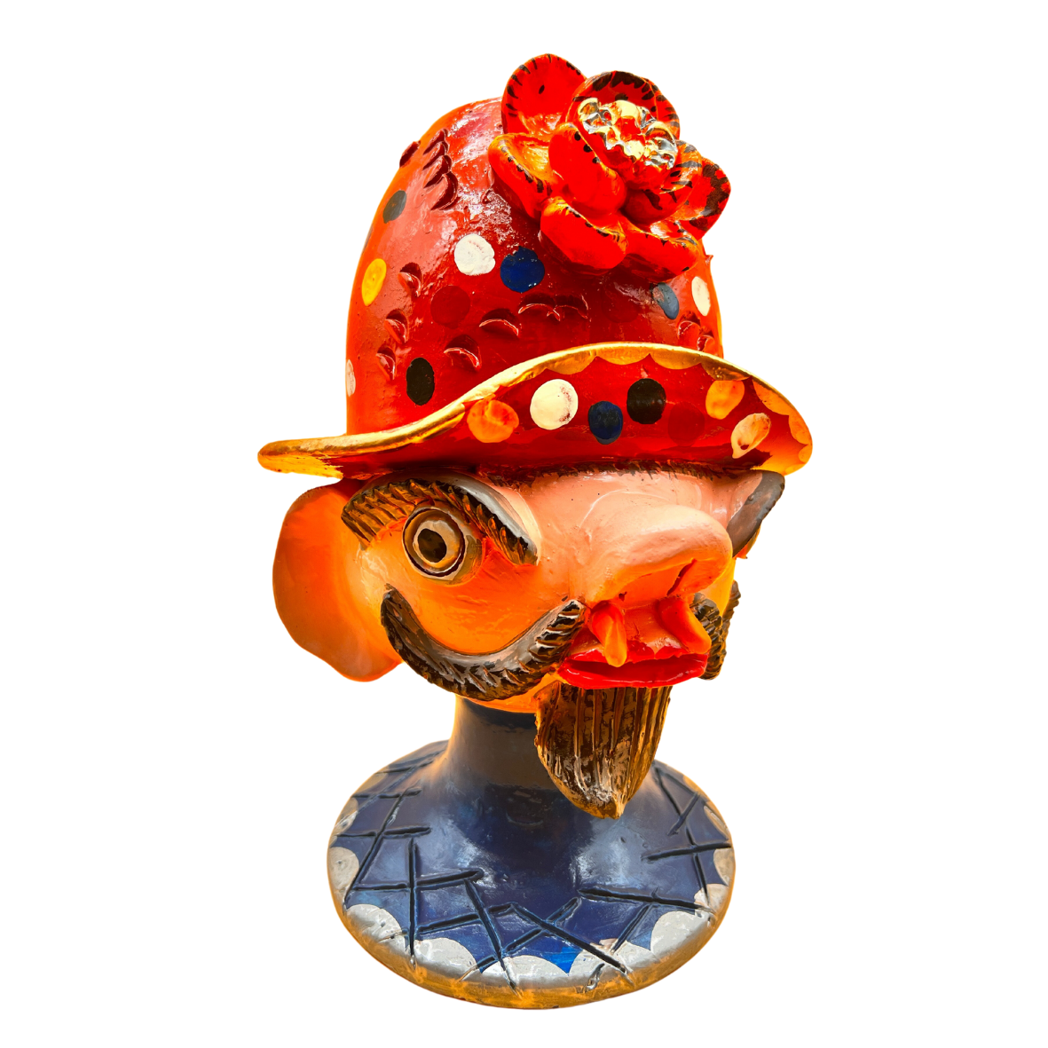 Figura decorativa de cabeça com chapéu vermelho e base azul