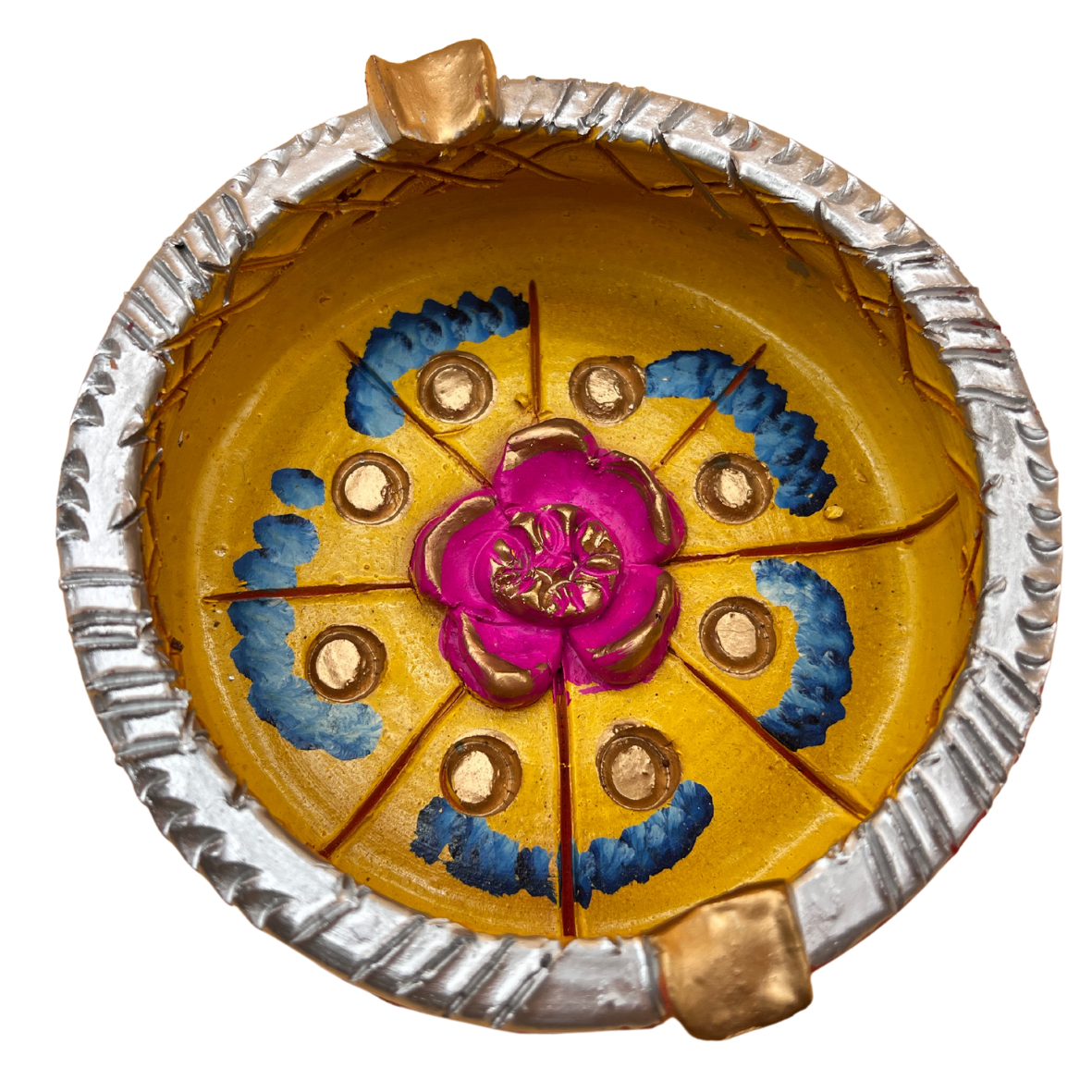 Cinzeiro de cerâmica amarelo com padrão floral colorido e borda ondulada