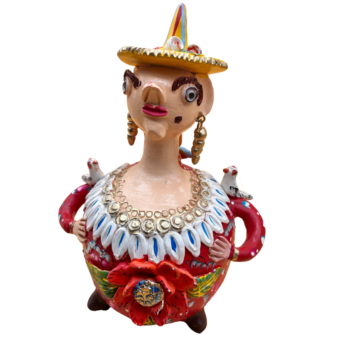 Figura decorativa de cerâmica com vestido vermelho, chapéu amarelo e aves brancas