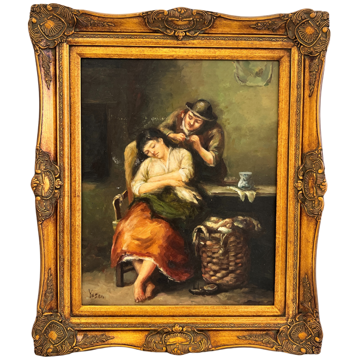 Pintura a óleo de mulher sentada e homem com chapéu, com moldura dourada detalhada