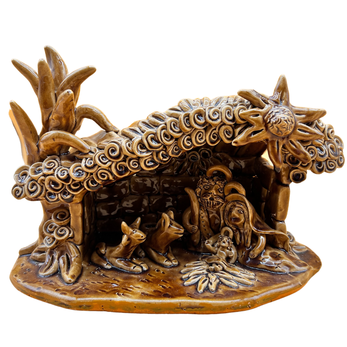 Presépio em cerâmica castanha com figuras religiosas e animais numa estrutura texturada