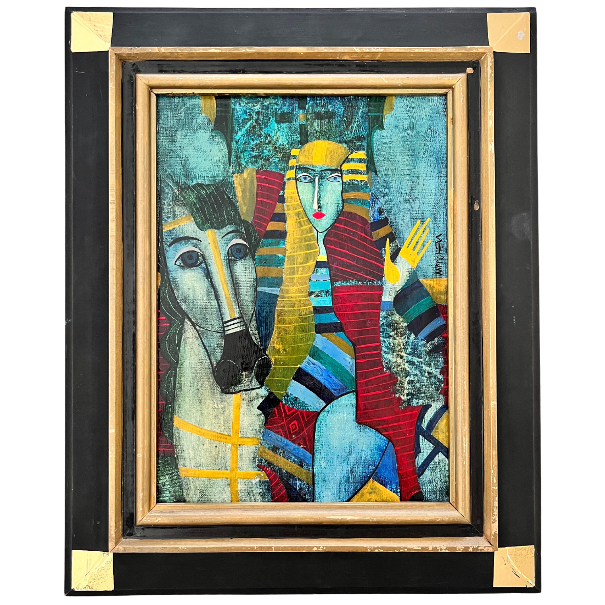 Pintura colorida de figura humana com cabelo louro e cavalo, em moldura preta e dourada