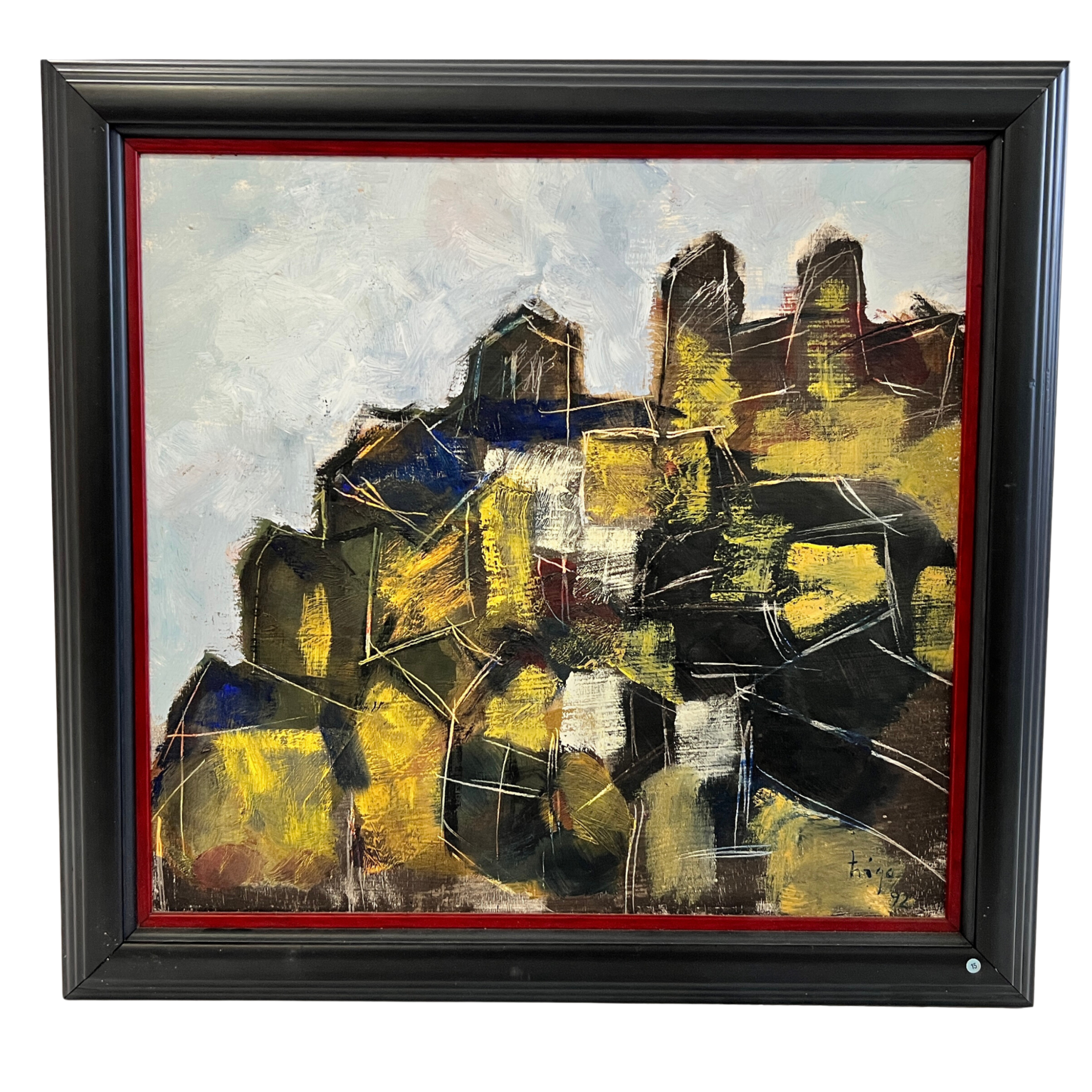 Pintura abstrata em quadro preto com detalhe vermelho, em tons amarelos, pretos e castanhos