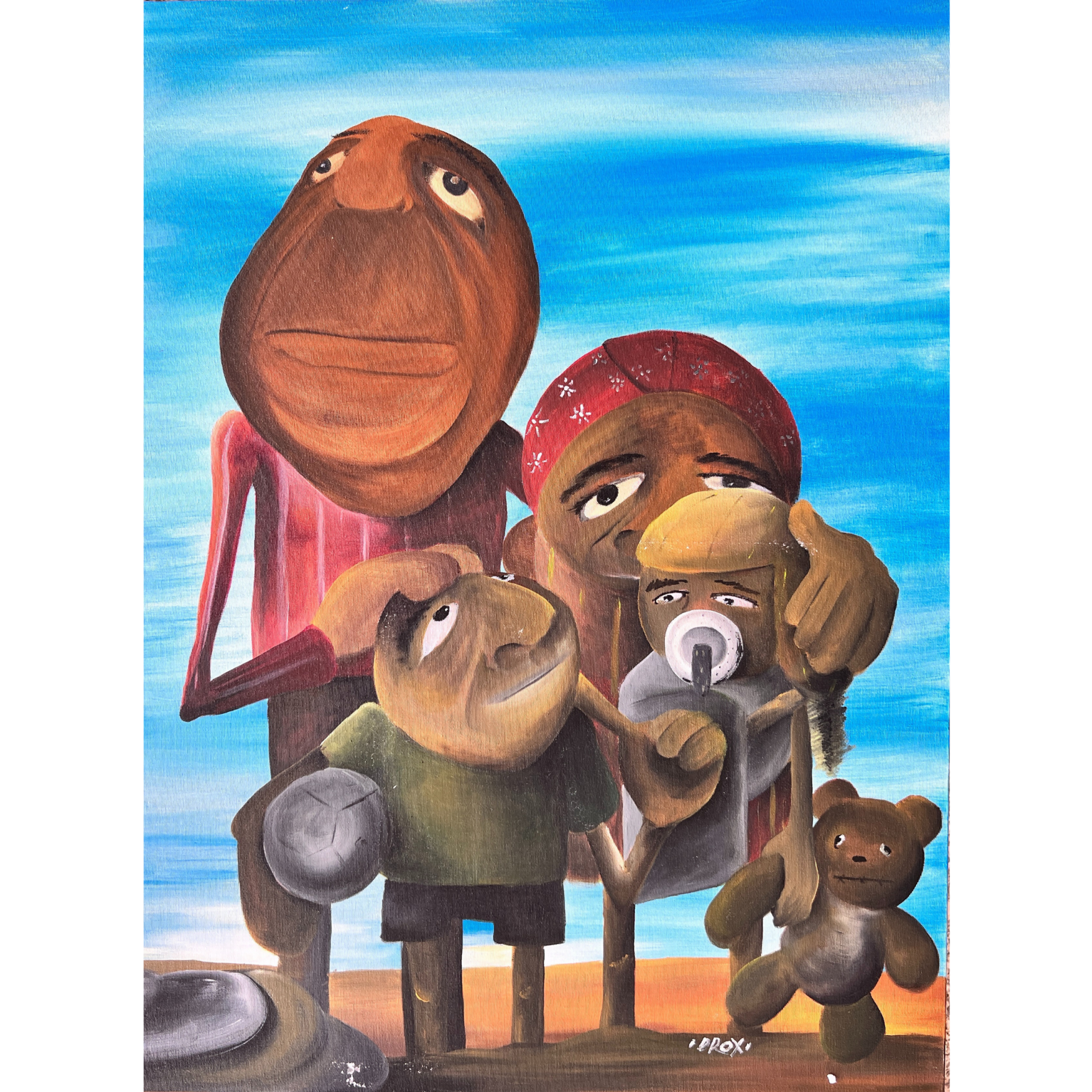 Pintura colorida de família estilizada com céu azul ao fundo