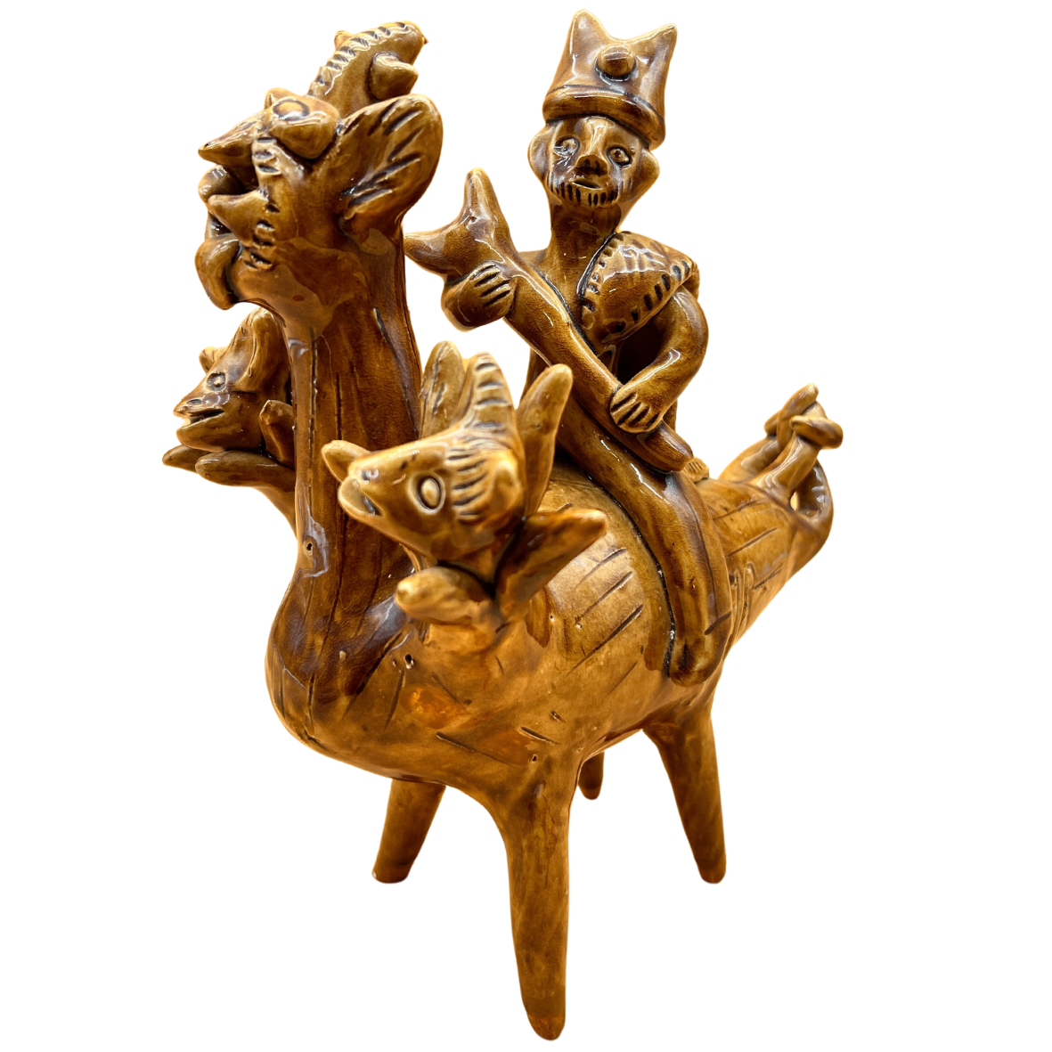 Escultura em cerâmica com figura humana e animal com várias cabeças