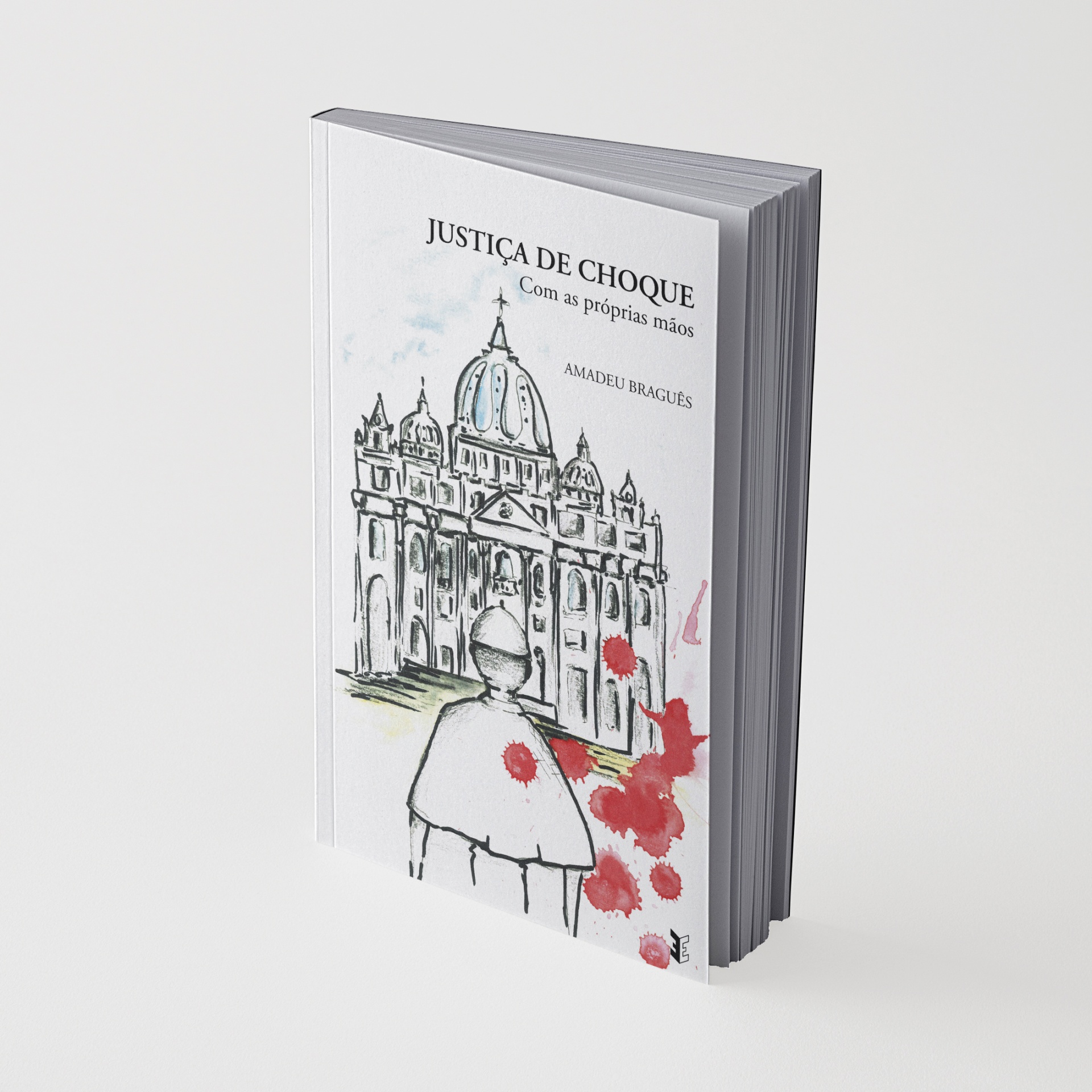 Capa de livro branco com desenho de edifício clássico, figura humana e manchas vermelhas