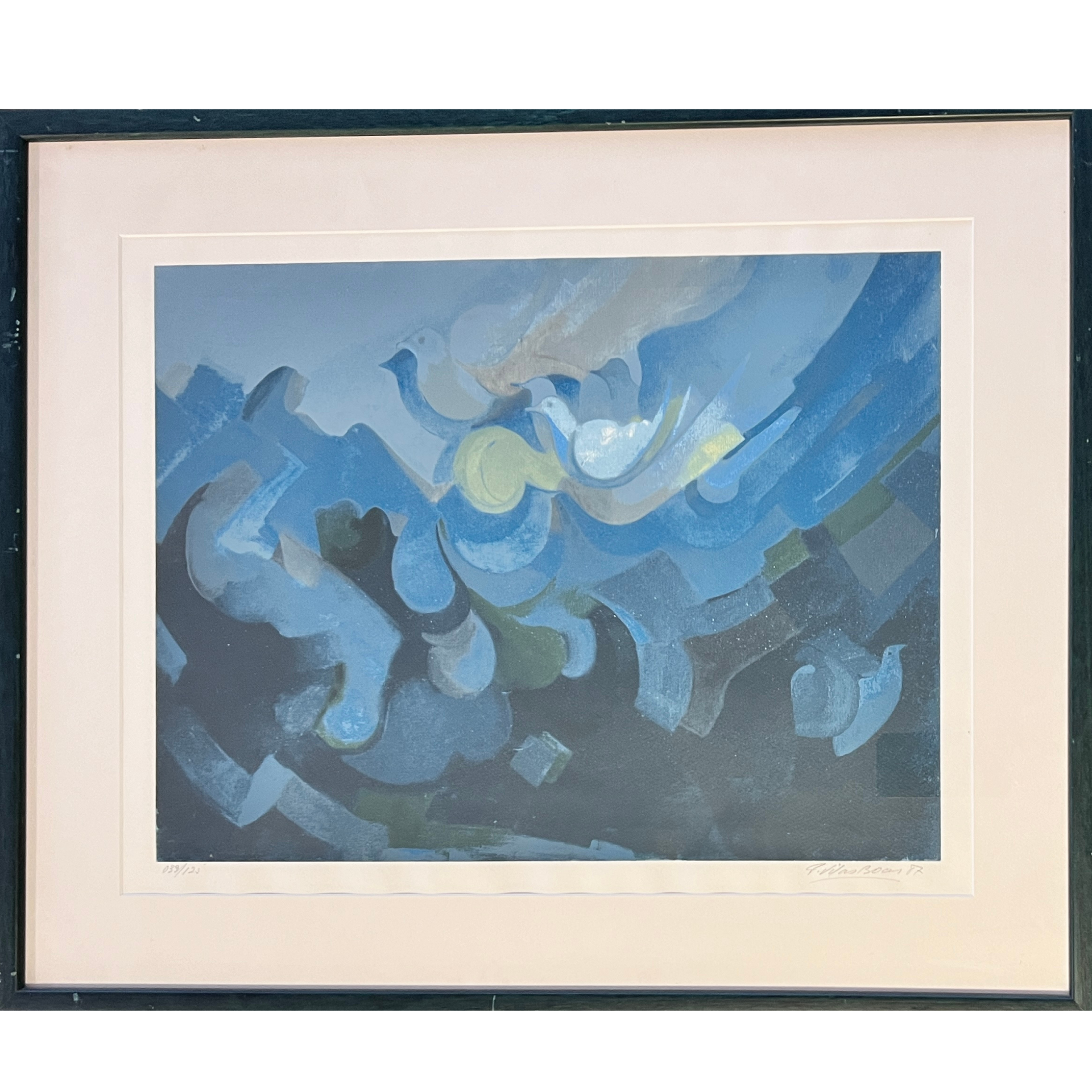 Pintura abstrata em tons de azul e cinza emoldurada