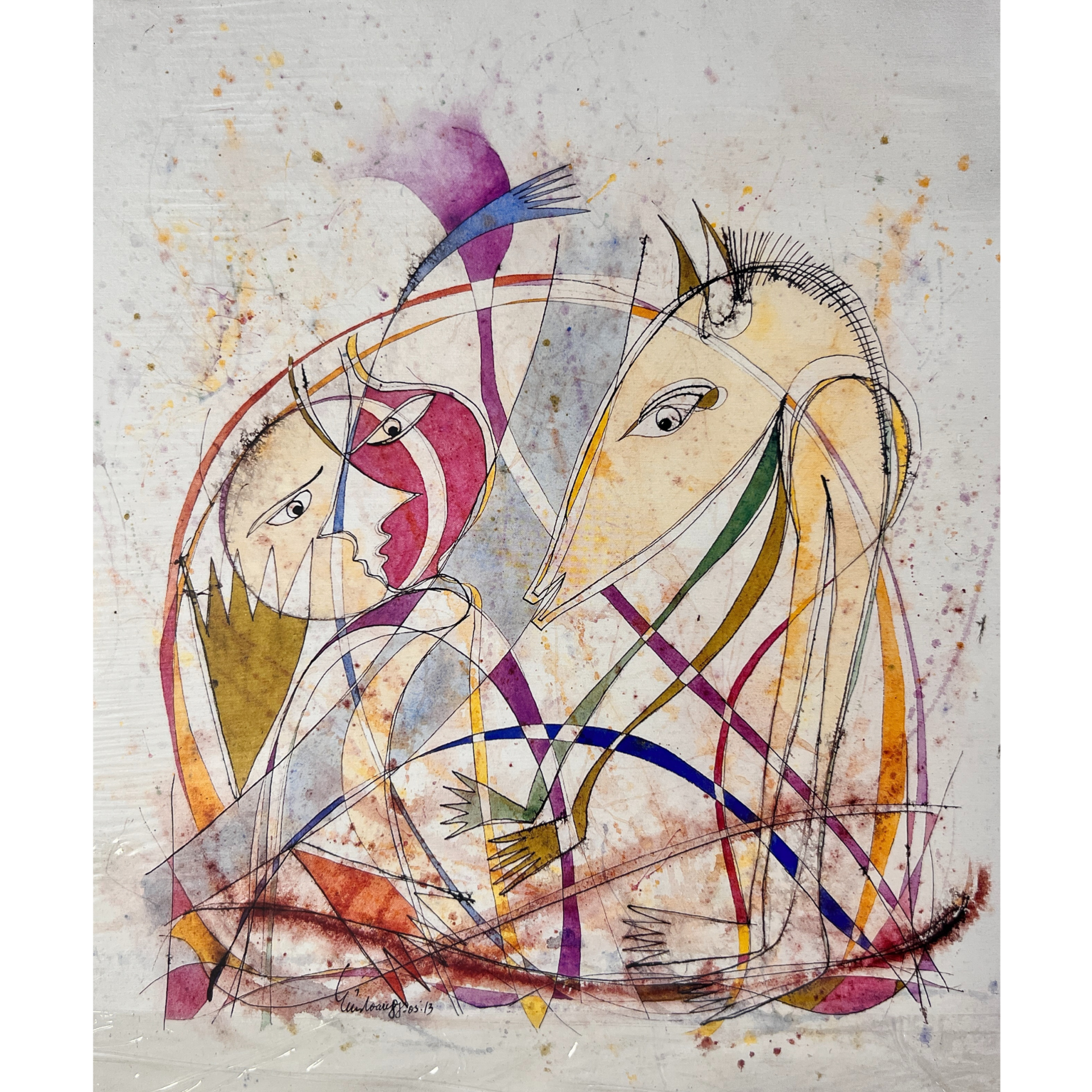 Pintura abstrata com figuras geométricas coloridas e caras estilizadas em fundo branco