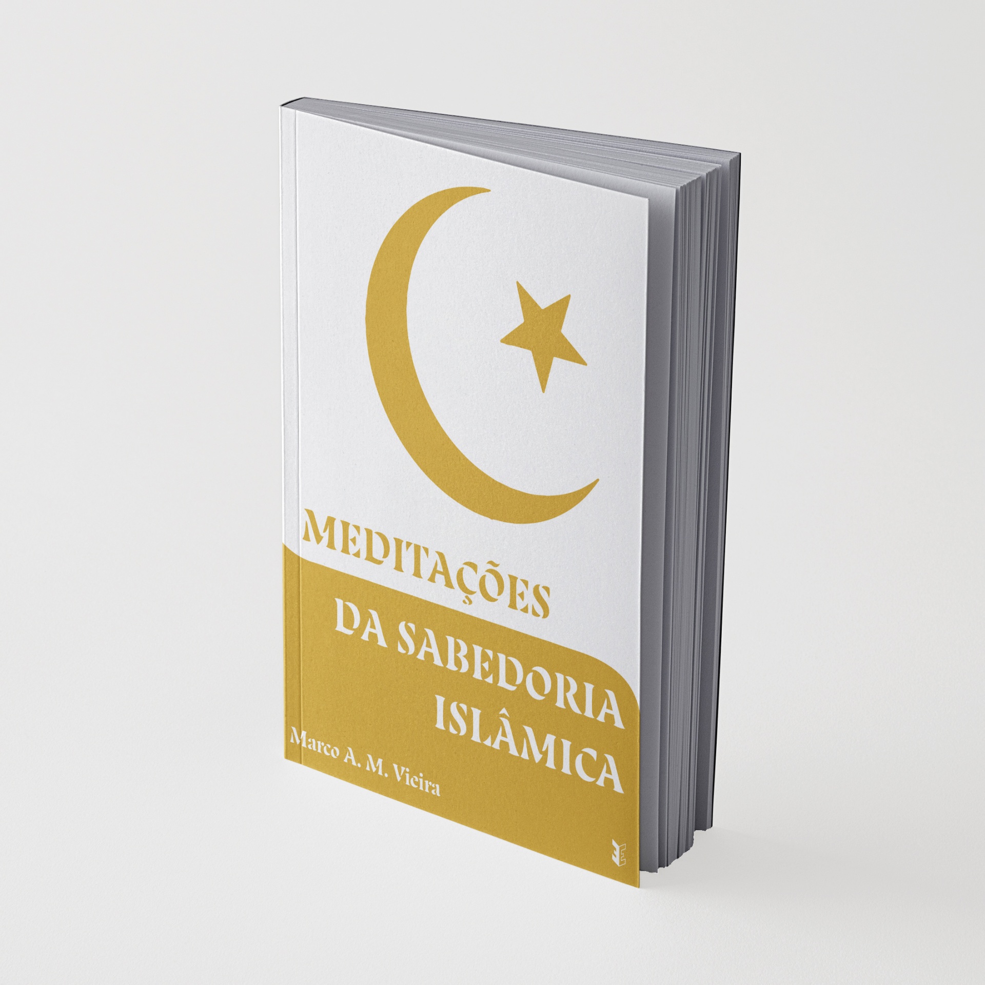 Livro com capa branca e amarela com lua e estrela douradas e texto em português.