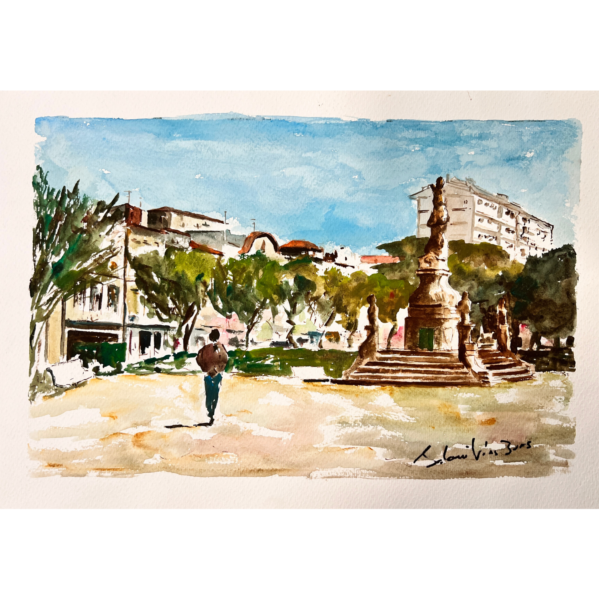 Aquarela de praça urbana com monumento, árvores e edifícios ao fundo