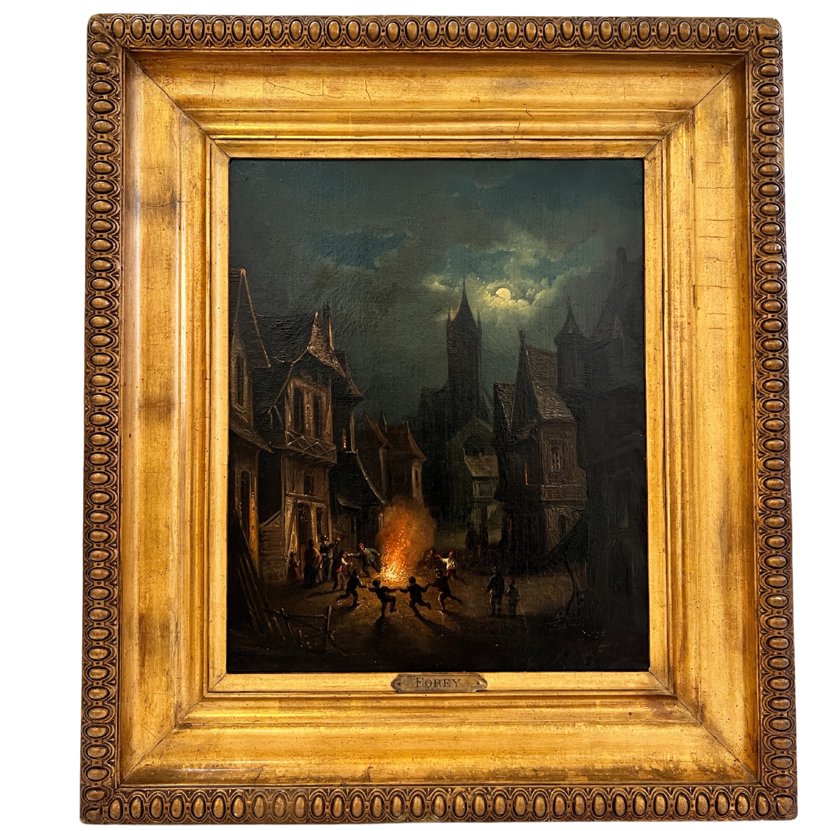 Pintura a óleo de aldeia noturna com fogueira e moldura dourada