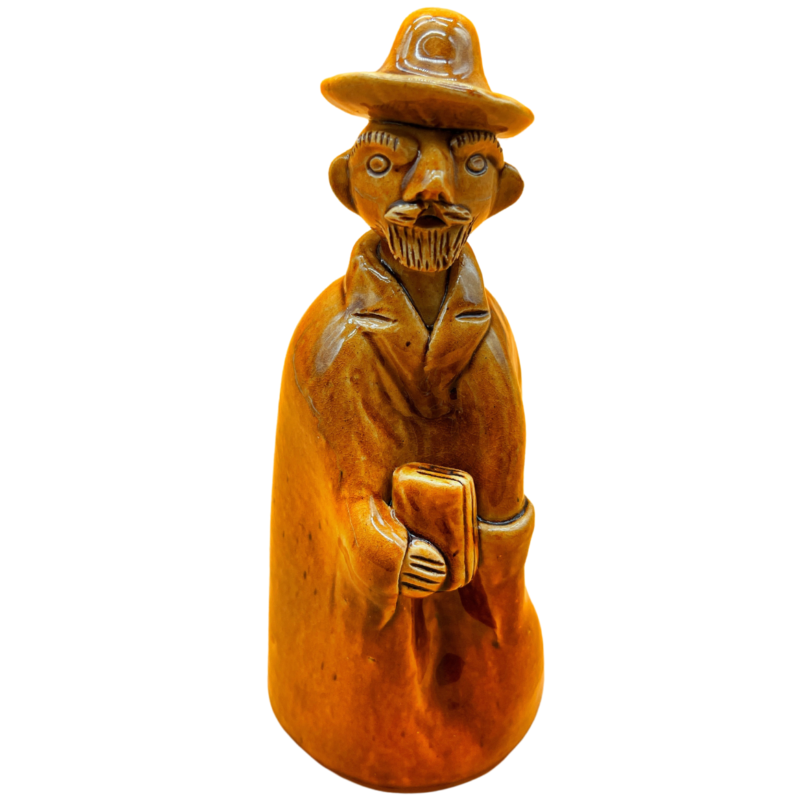 Figura decorativa de cerâmica castanho alaranjado de homem com chapéu e livro