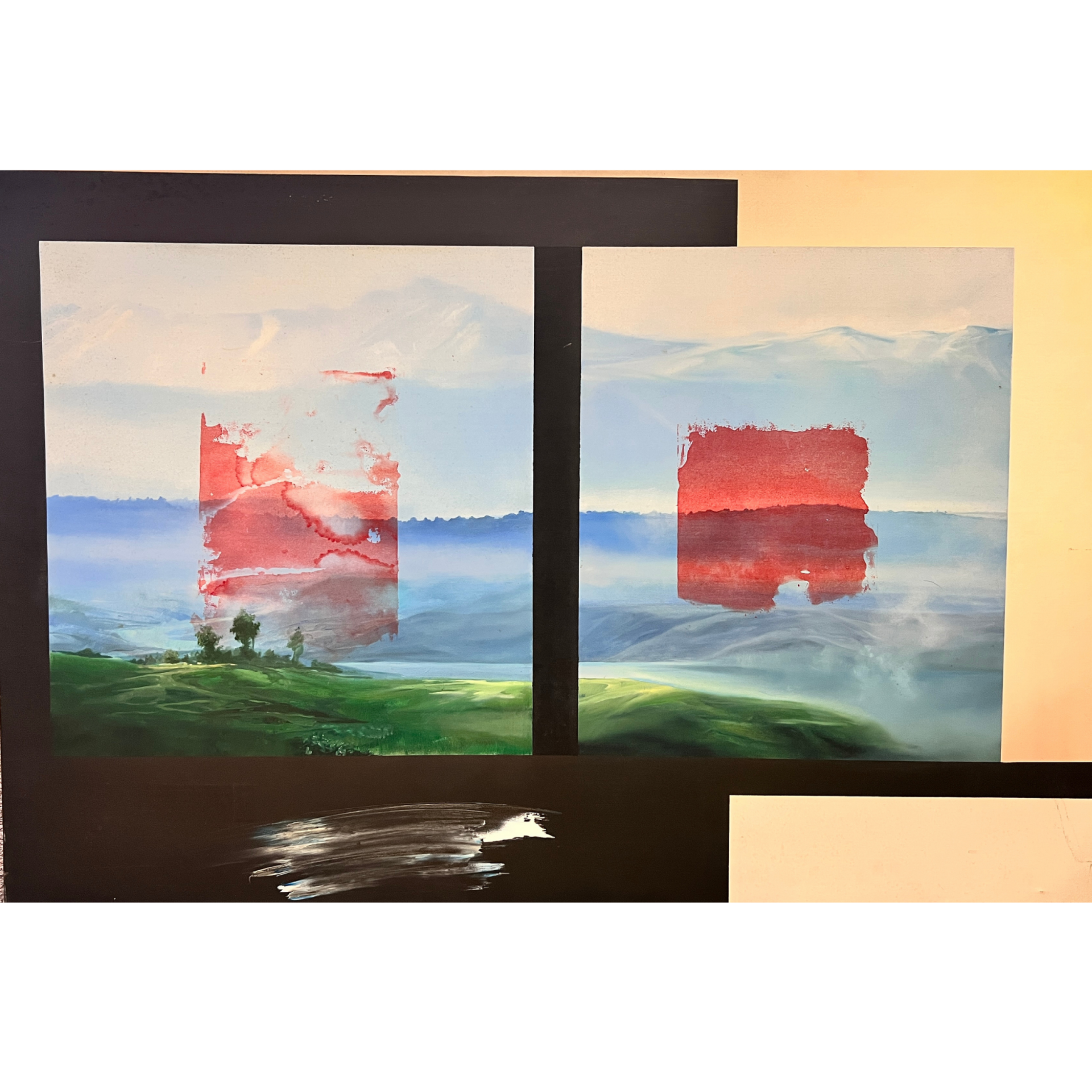 Obra de arte abstrata com paisagens e quadrados vermelhos em moldura preta