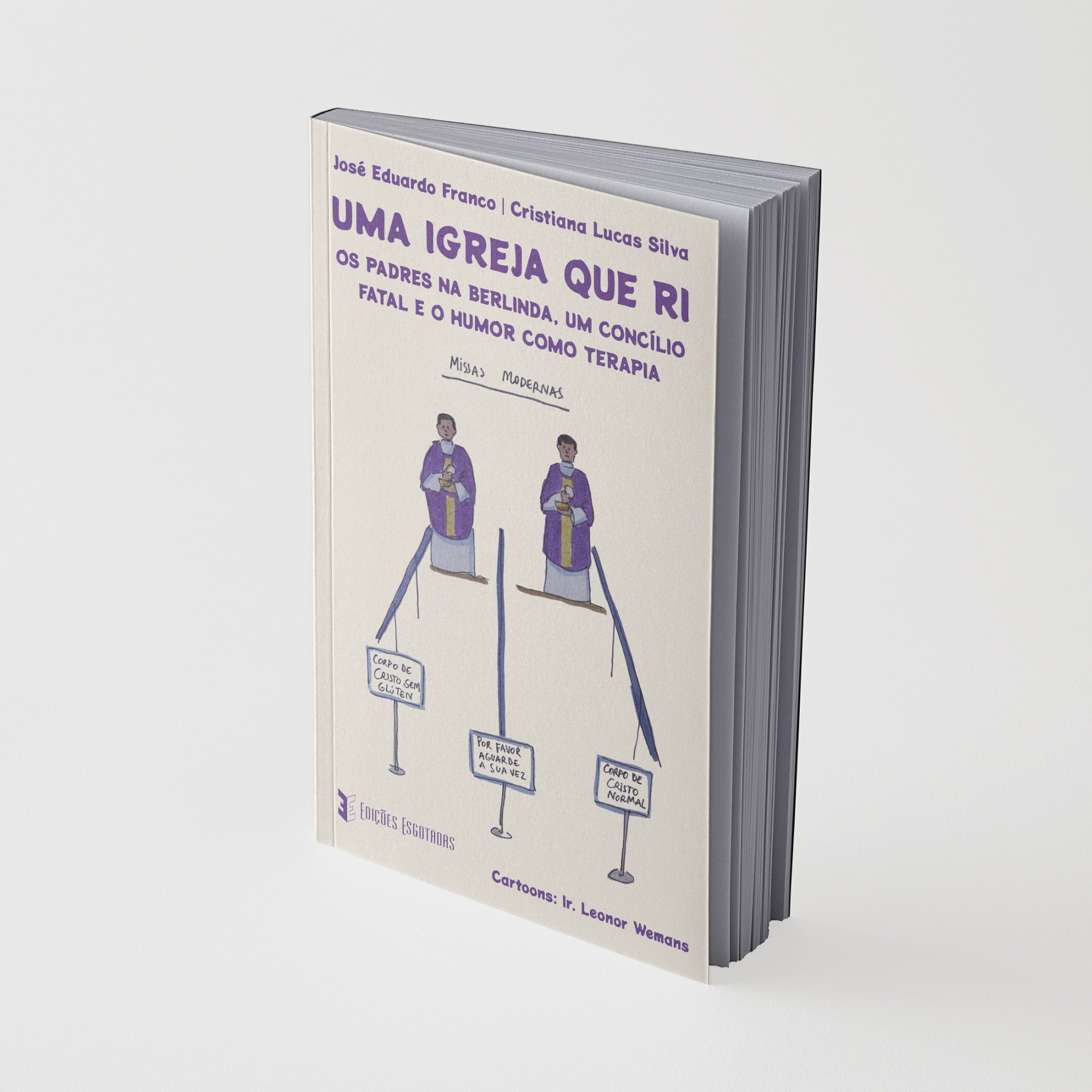 Livro UMA IGREJA QUE RI com ilustração de dois padres e sinais de trânsito