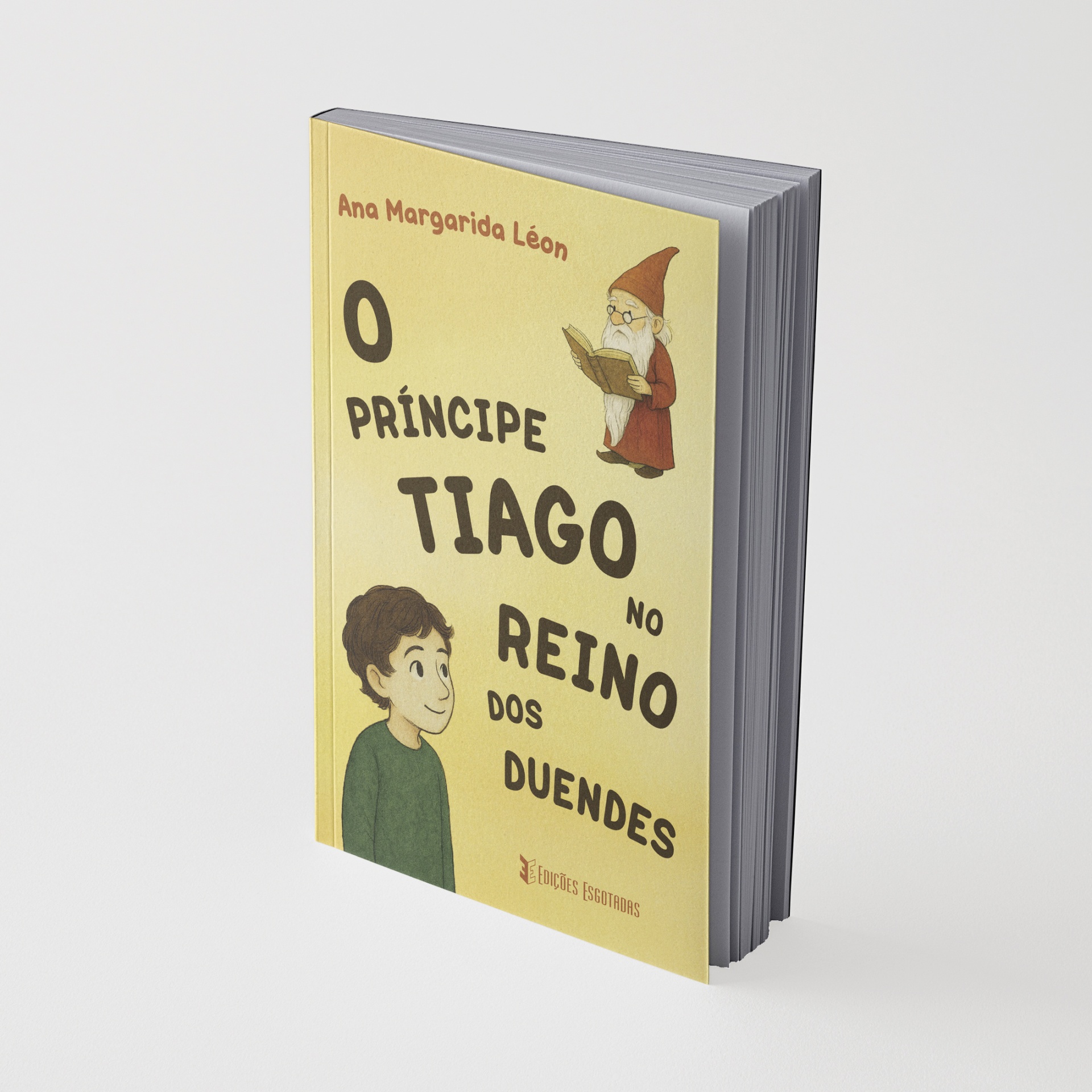 Capa de livro amarelo com ilustrações de um rapaz e um duende.