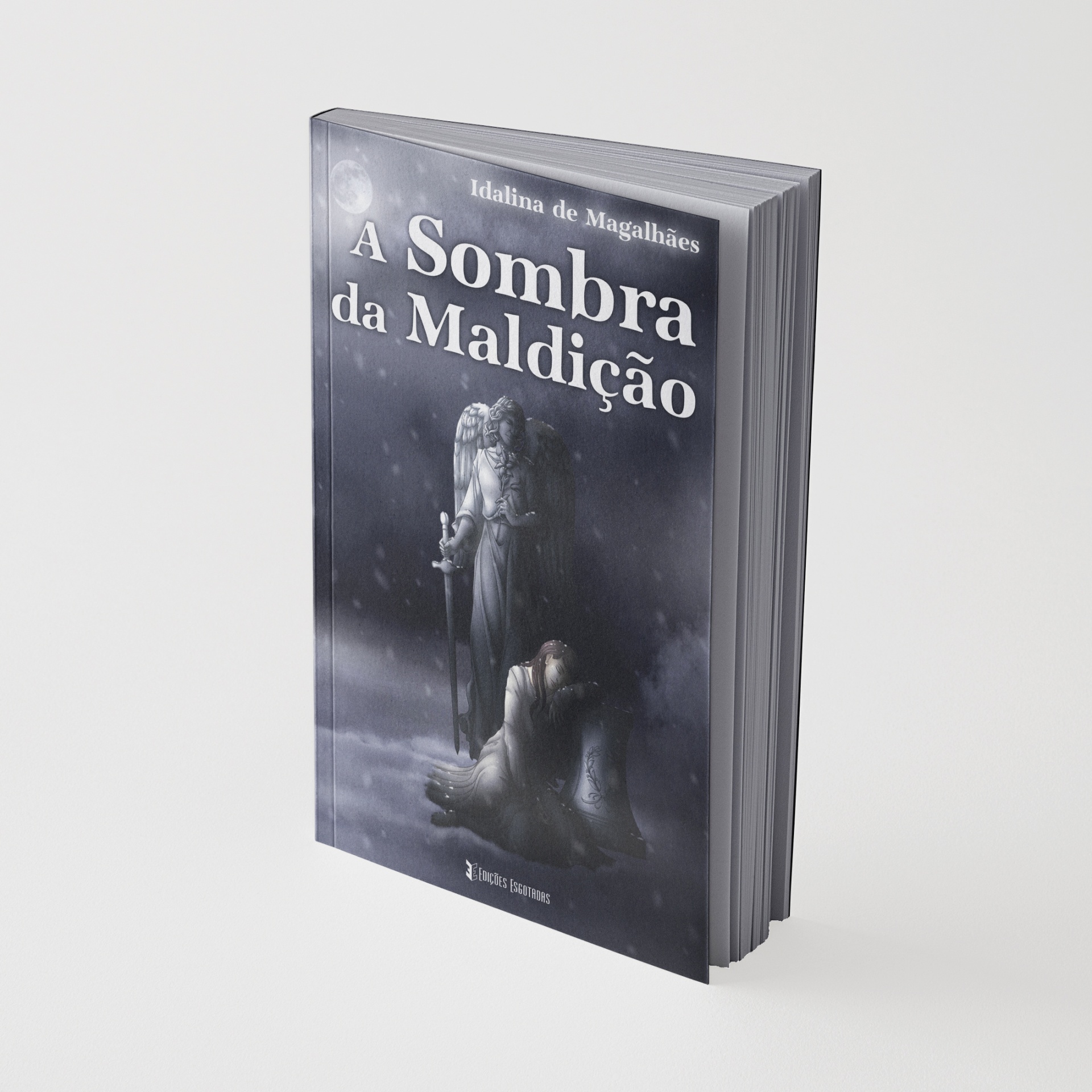 Livro A Sombra da Maldição com capa cinzenta e imagem de anjo e figura ajoelhada