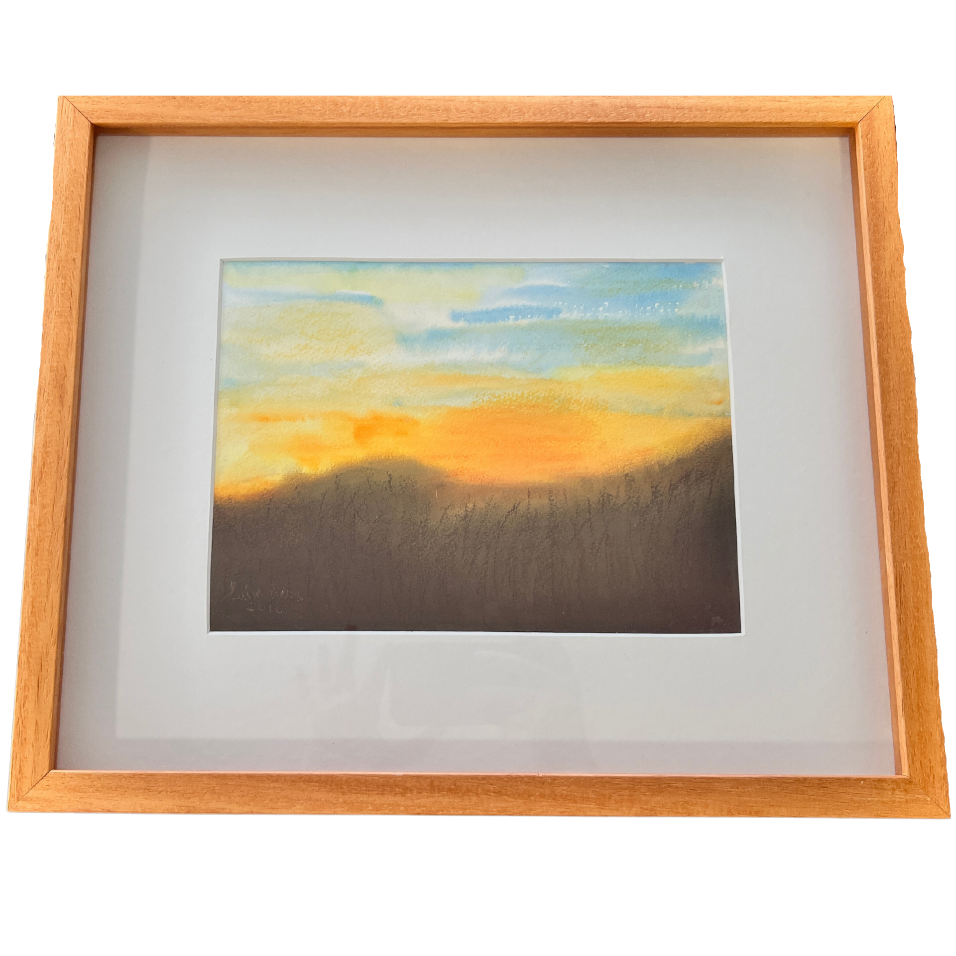 Quadro com moldura de madeira clara e imagem abstrata de pôr do sol