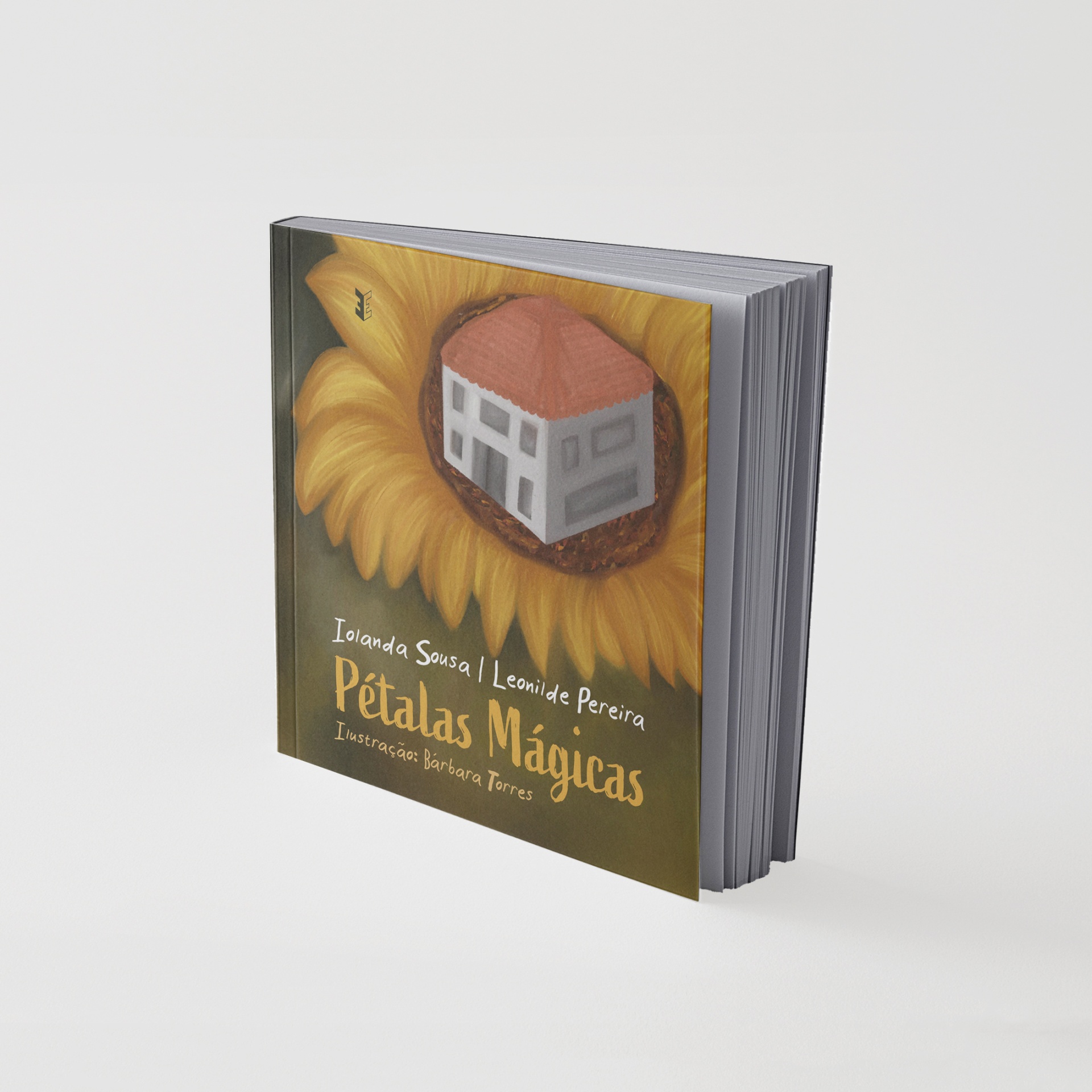 Livro com capa ilustrada girassol e casa branca com telhado vermelho