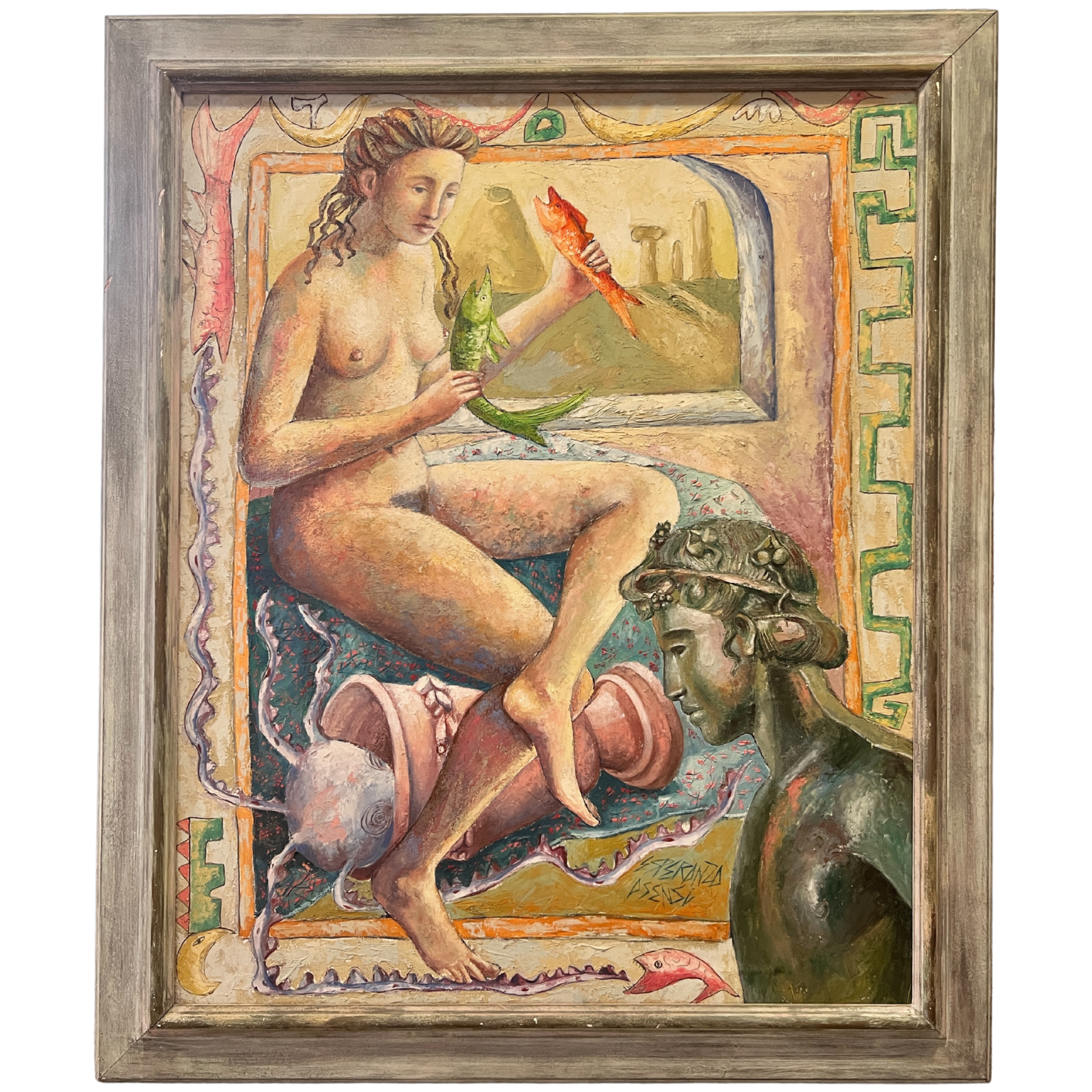 Pintura colorida de figura feminina nua com peixes e busto masculino com capacete