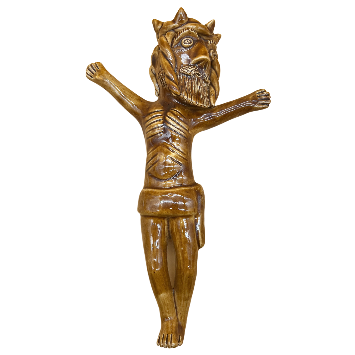 Estátua de madeira castanha de figura humana com um grande olho único na testa.