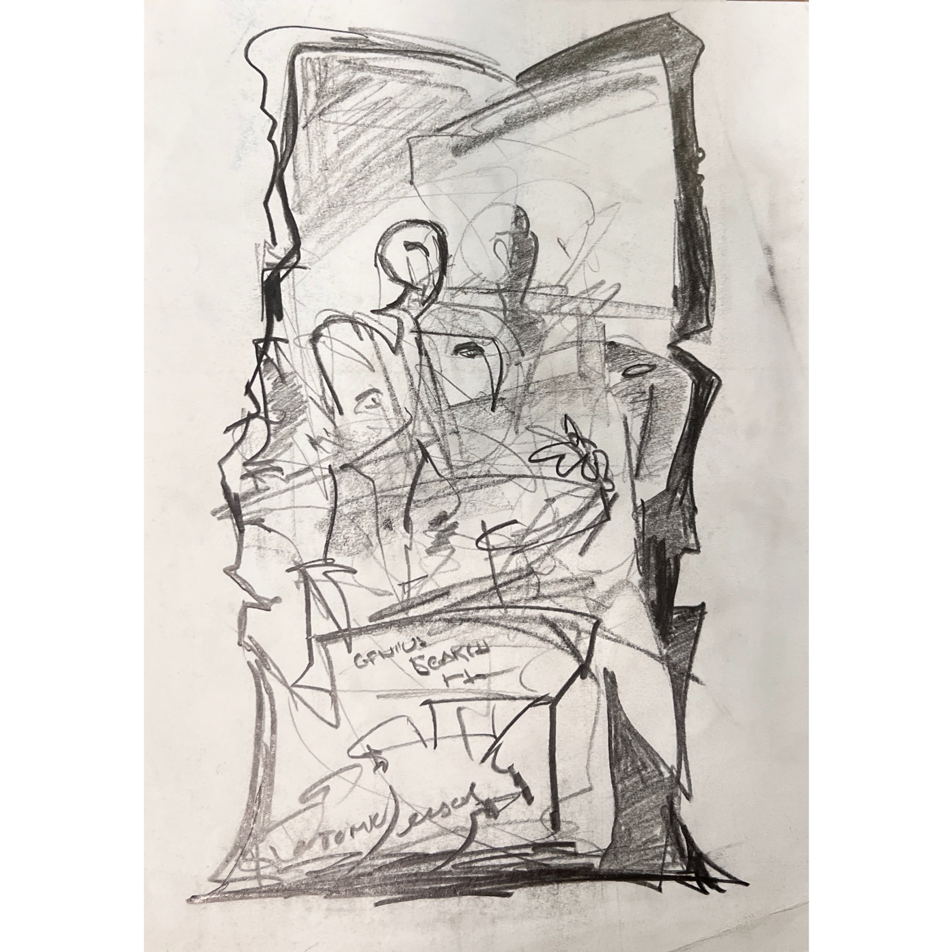 Desenho abstrato a carvão e grafite com formas humanas e texto visível