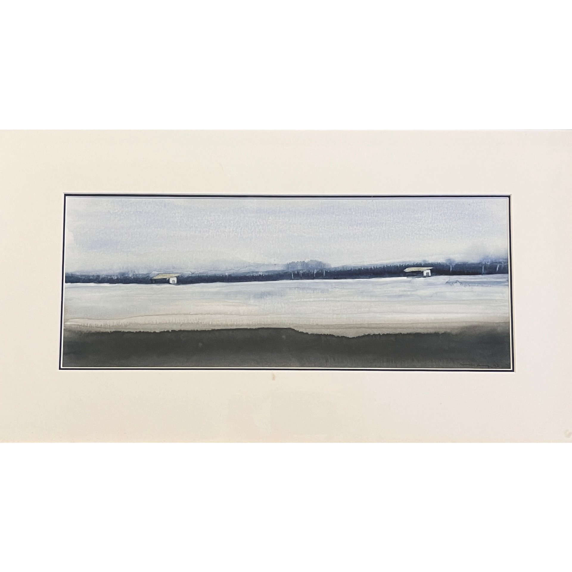 Pintura abstrata azul e cinzenta com duas estruturas brancas e moldura branca