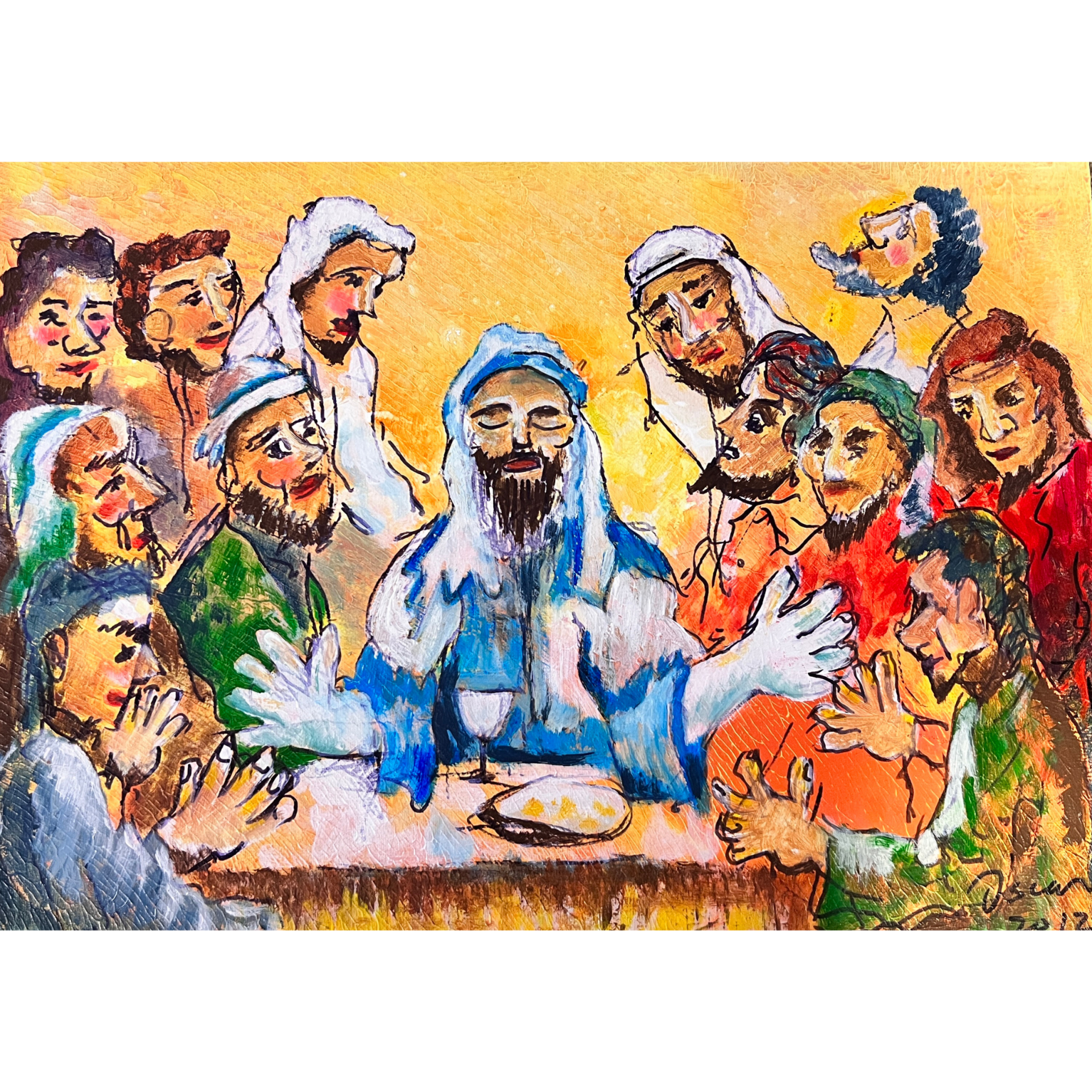 Pintura expressionista de grupo em volta de uma mesa com pessoa central de azul e pão na mesa