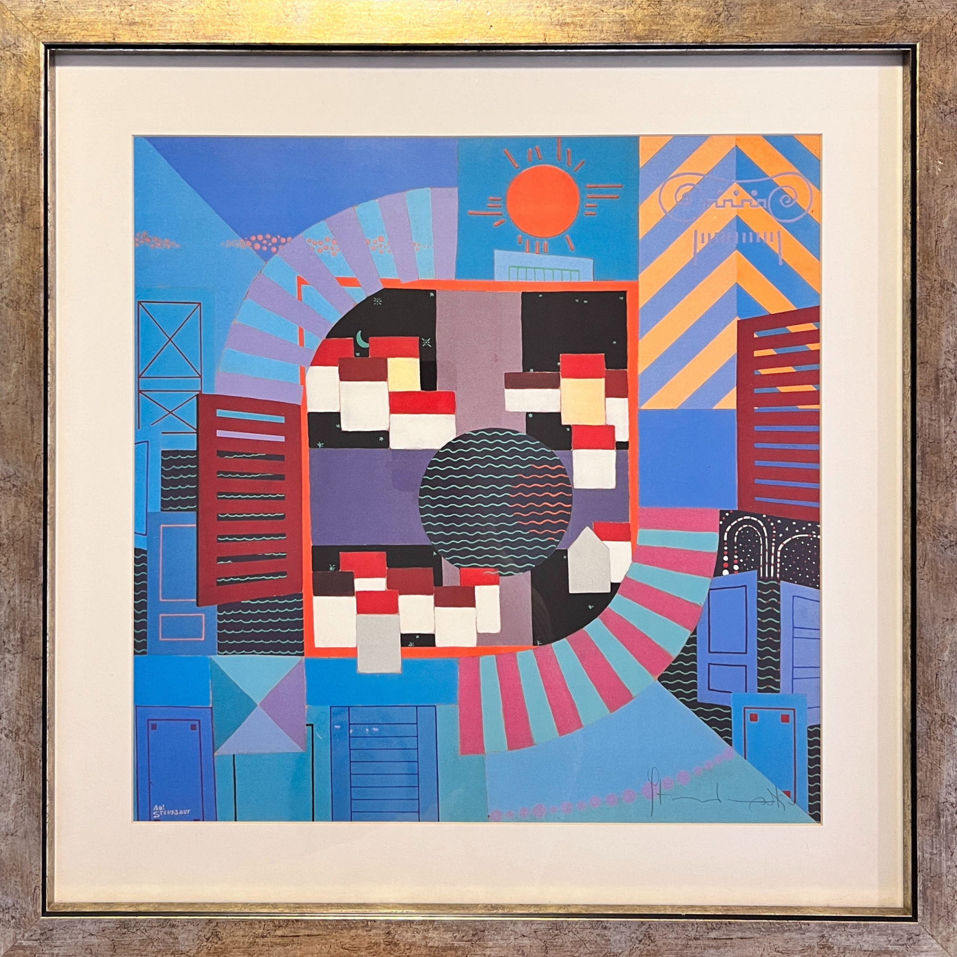 Pintura abstrata colorida com formas geométricas e moldura de madeira