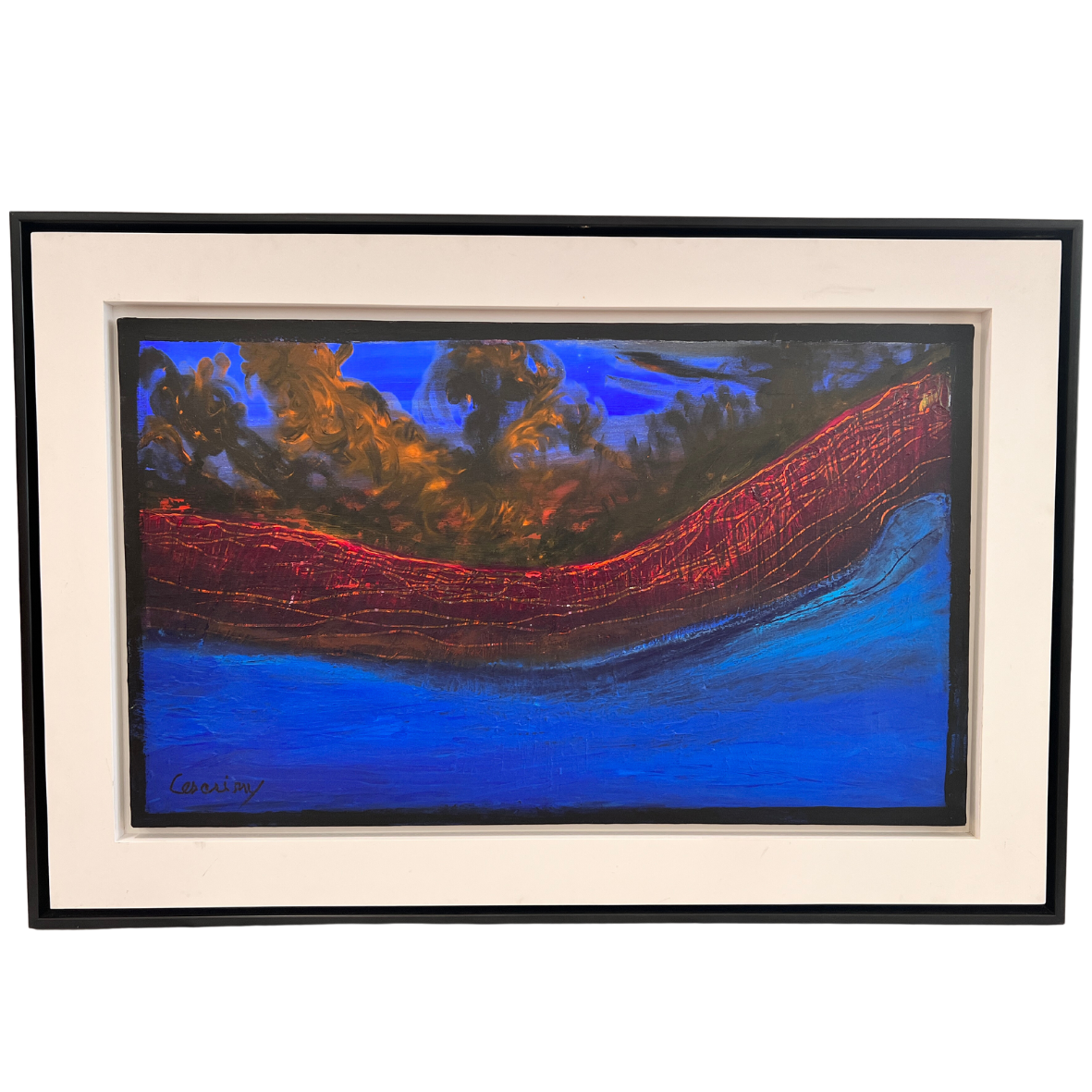 quadro abstrato em azul, vermelho e amarelo com moldura preta e passe-partout branco