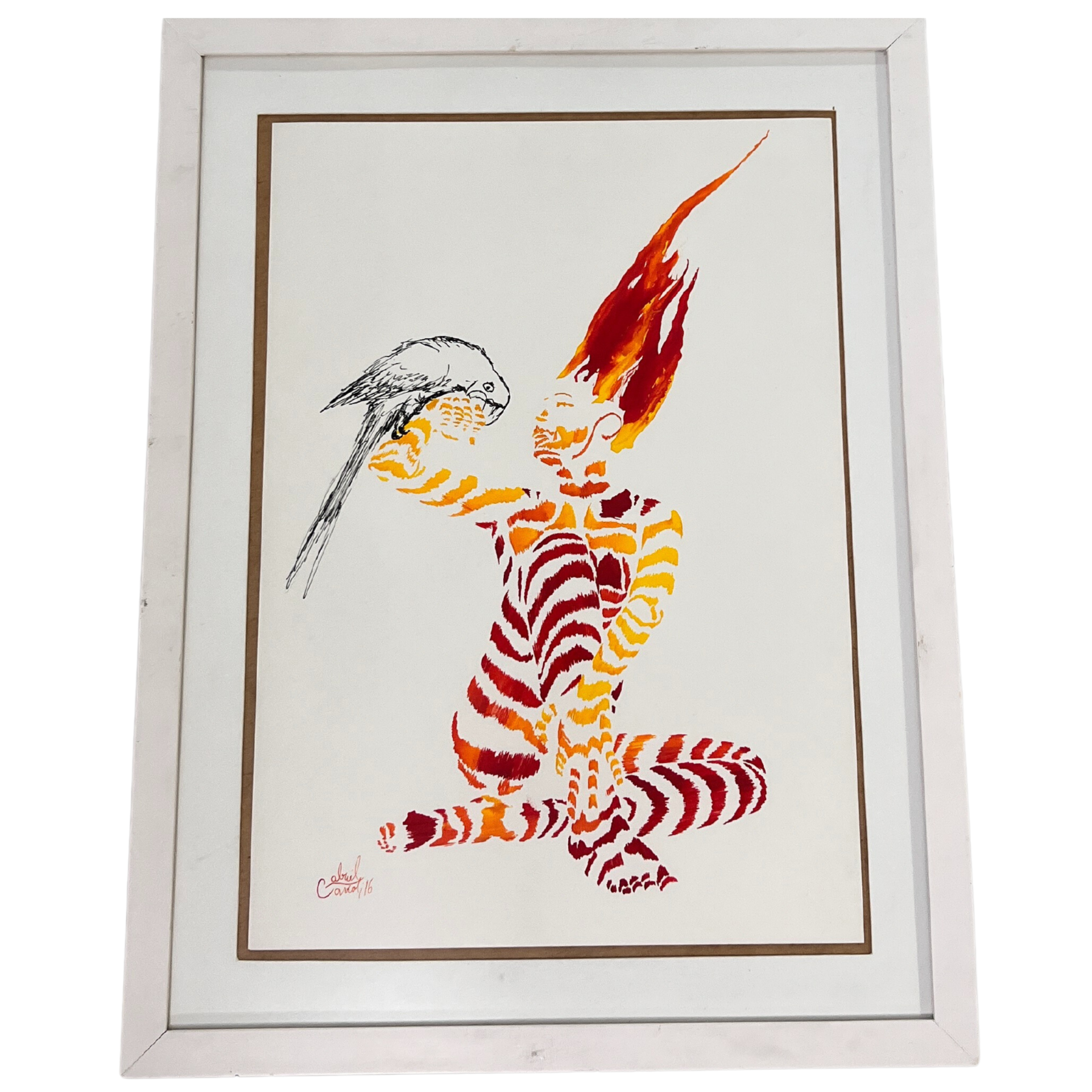 Pintura em quadro branco de figura humana estilizada em vermelho, amarelo e preto segurando um pássaro.