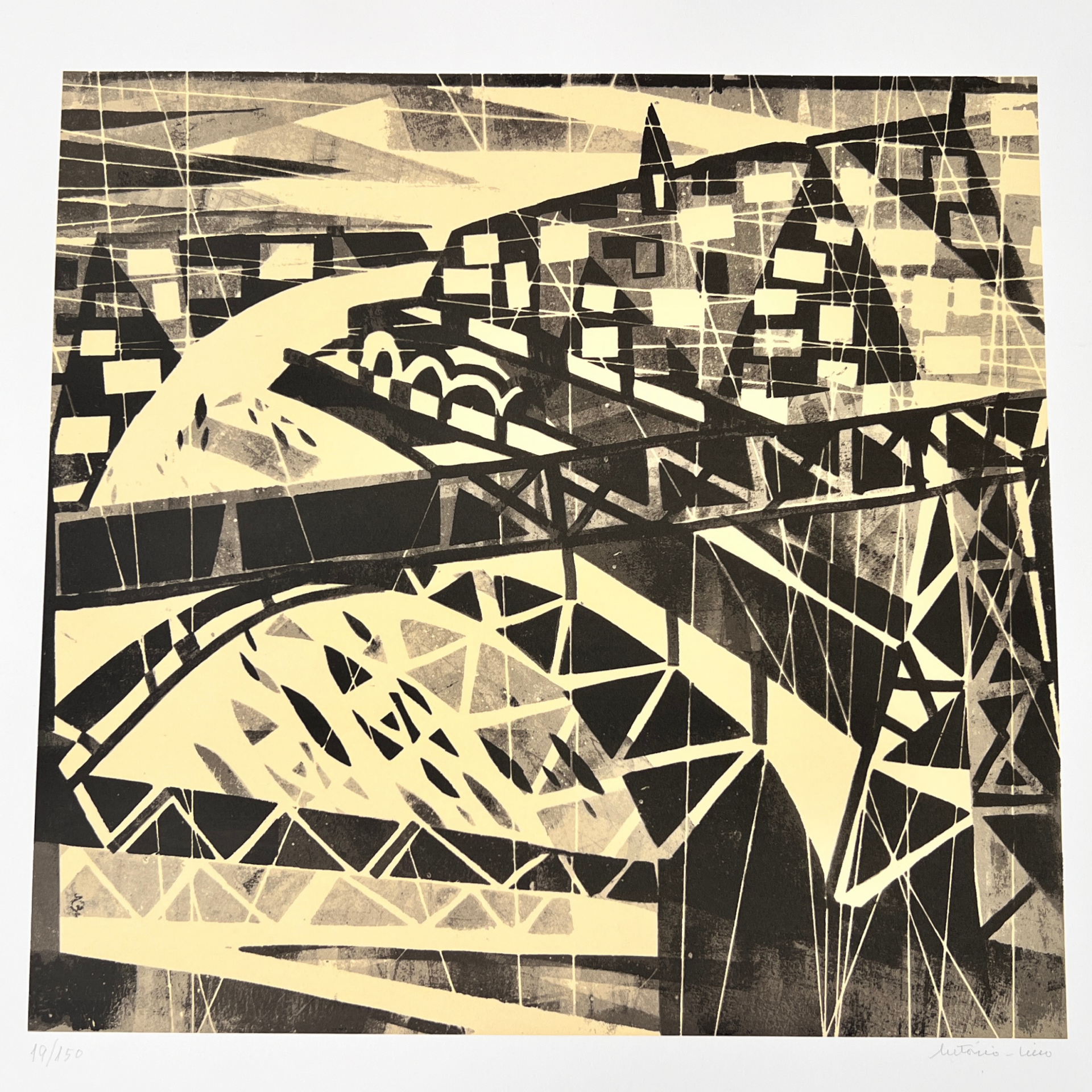 Gravura monocromática de paisagem urbana abstrata com pontes e edifícios.