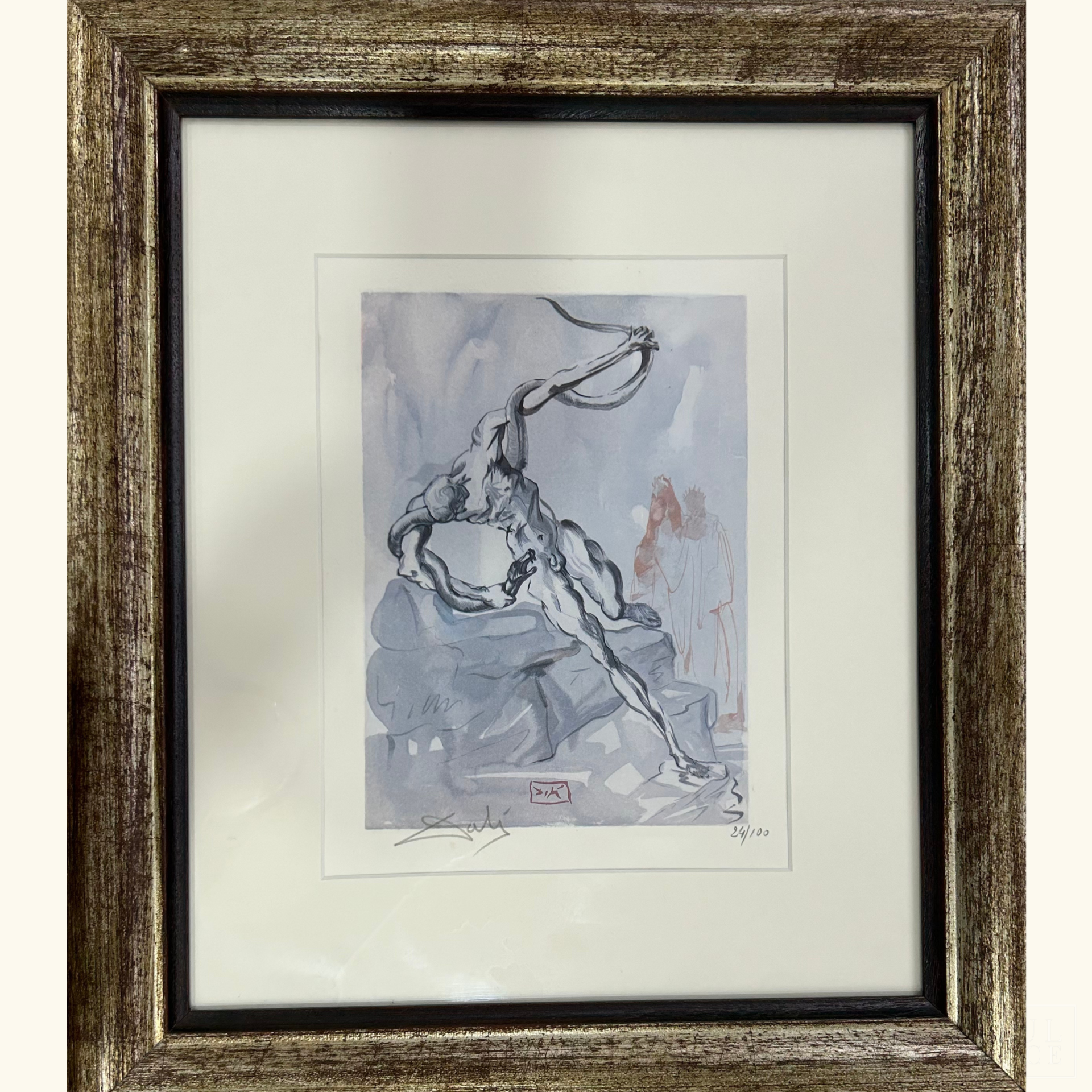 Quadro com pintura ou gravura em moldura castanha envelhecida