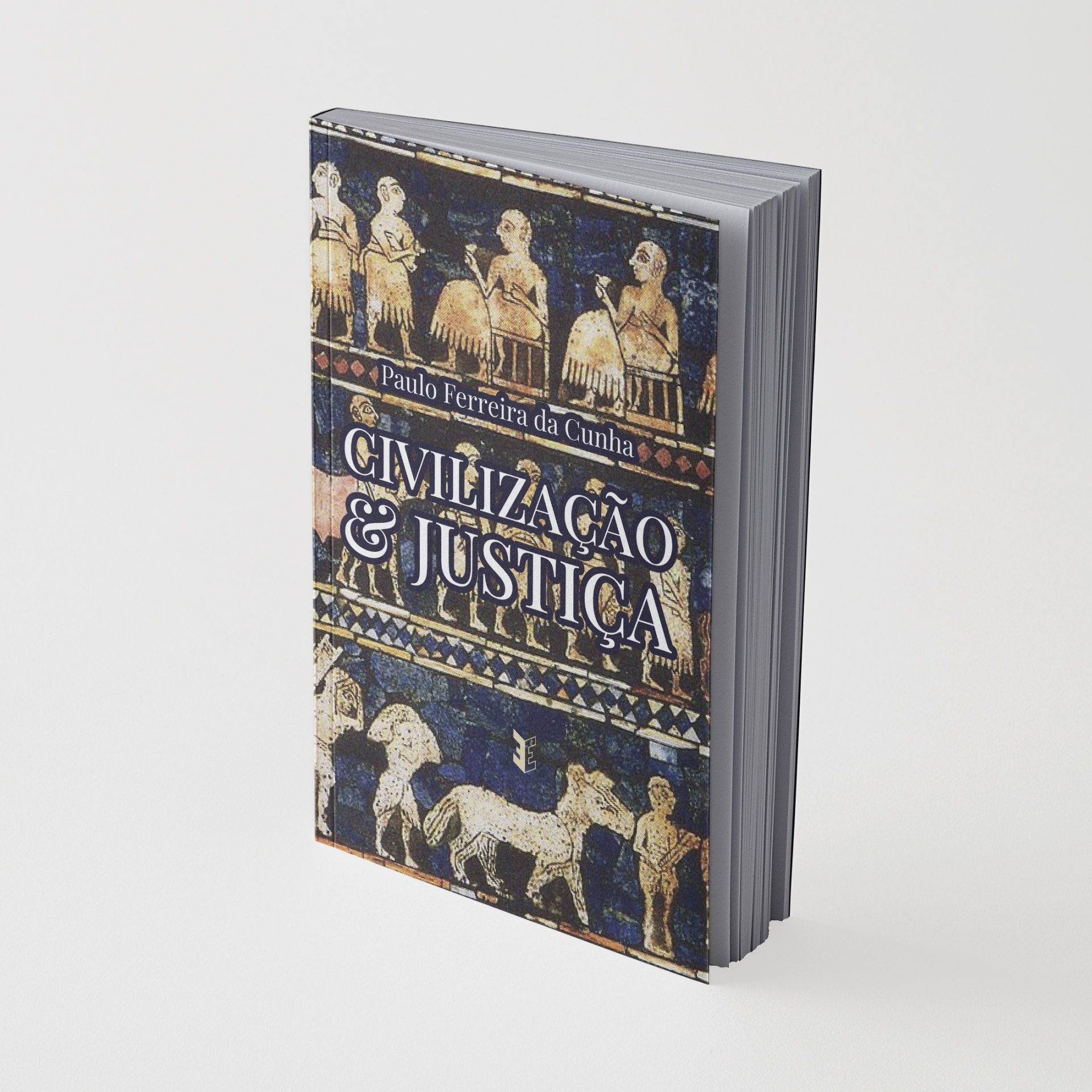 Livro com capa com ilustração antiga em azul, branco e bege mostrando figuras humanas e animais