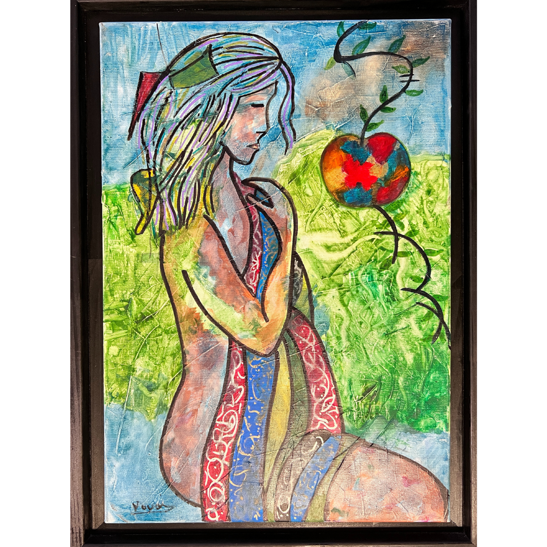 Pintura colorida de mulher sentada com maçã em ramos verdes