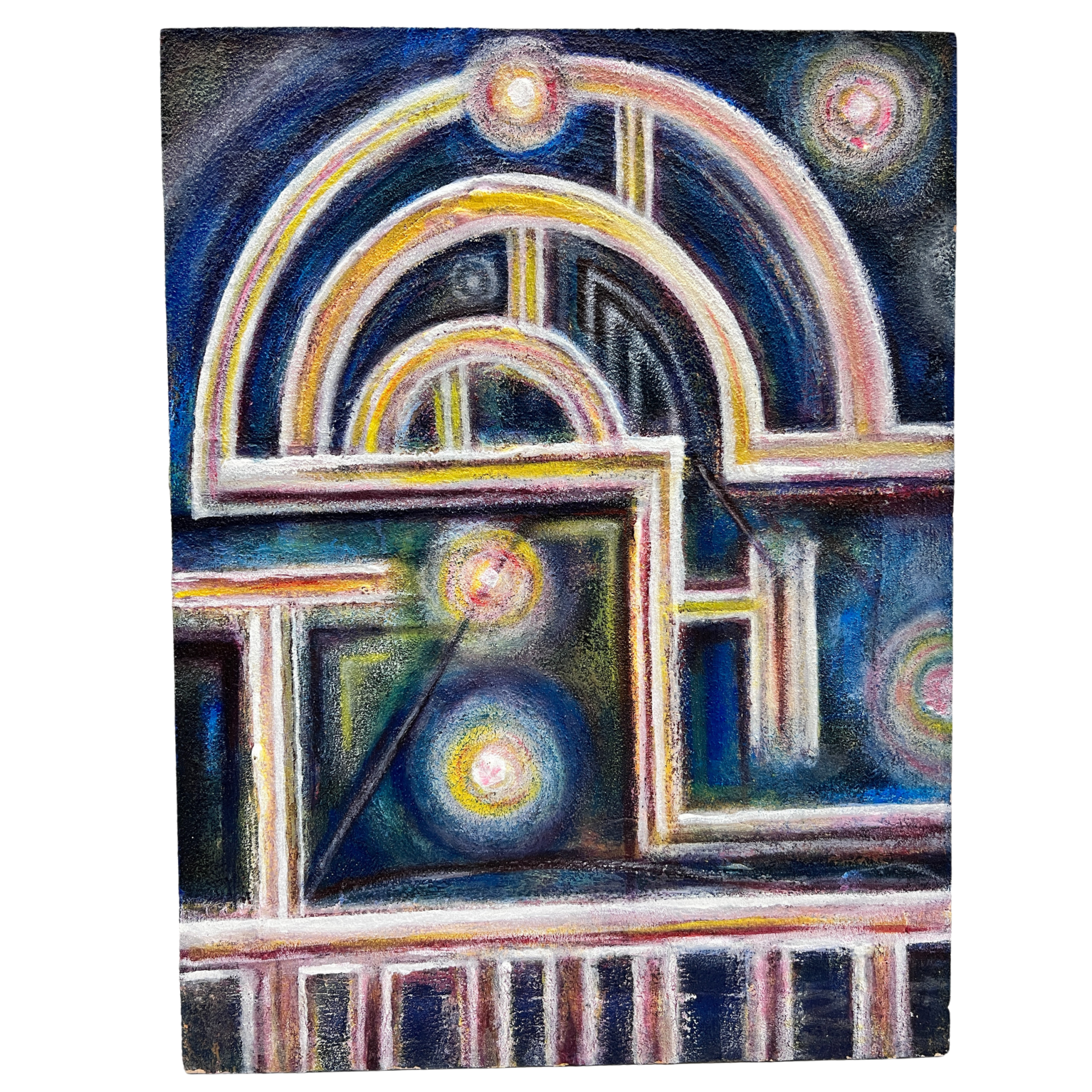 Tela pintada com formas geométricas abstratas em várias cores com círculos brilhantes