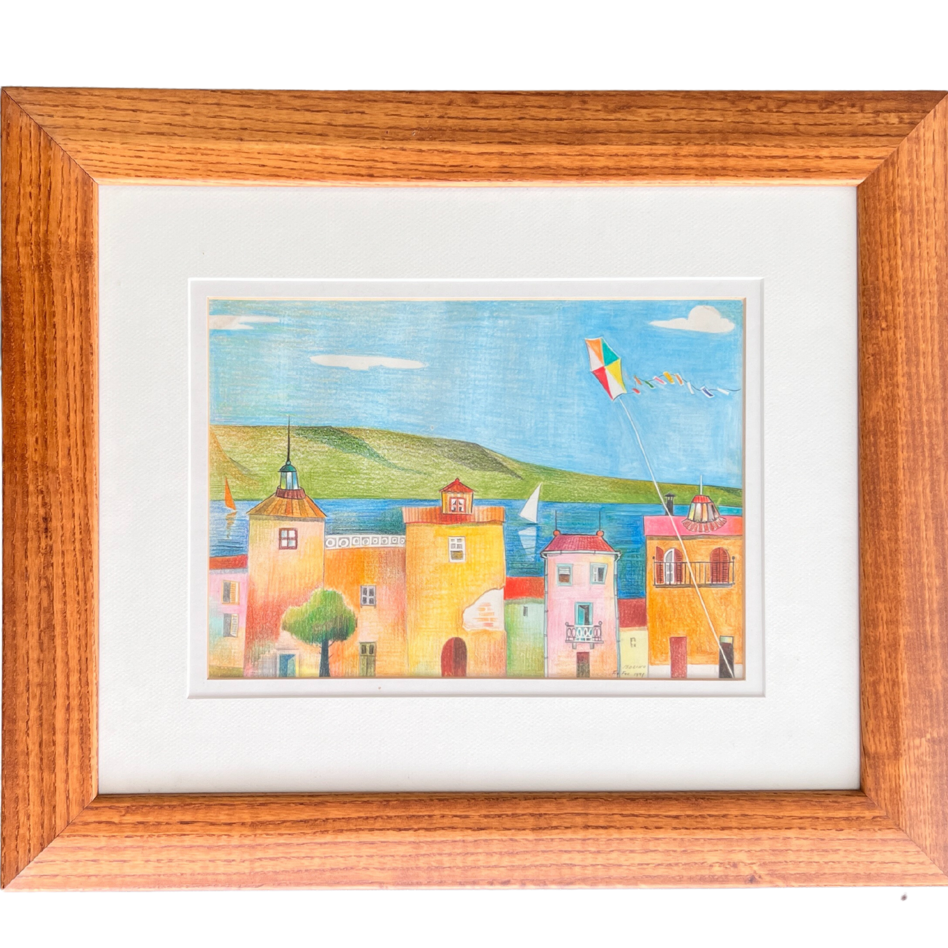 Quadro com pintura de casas coloridas e papagaio de papel no céu