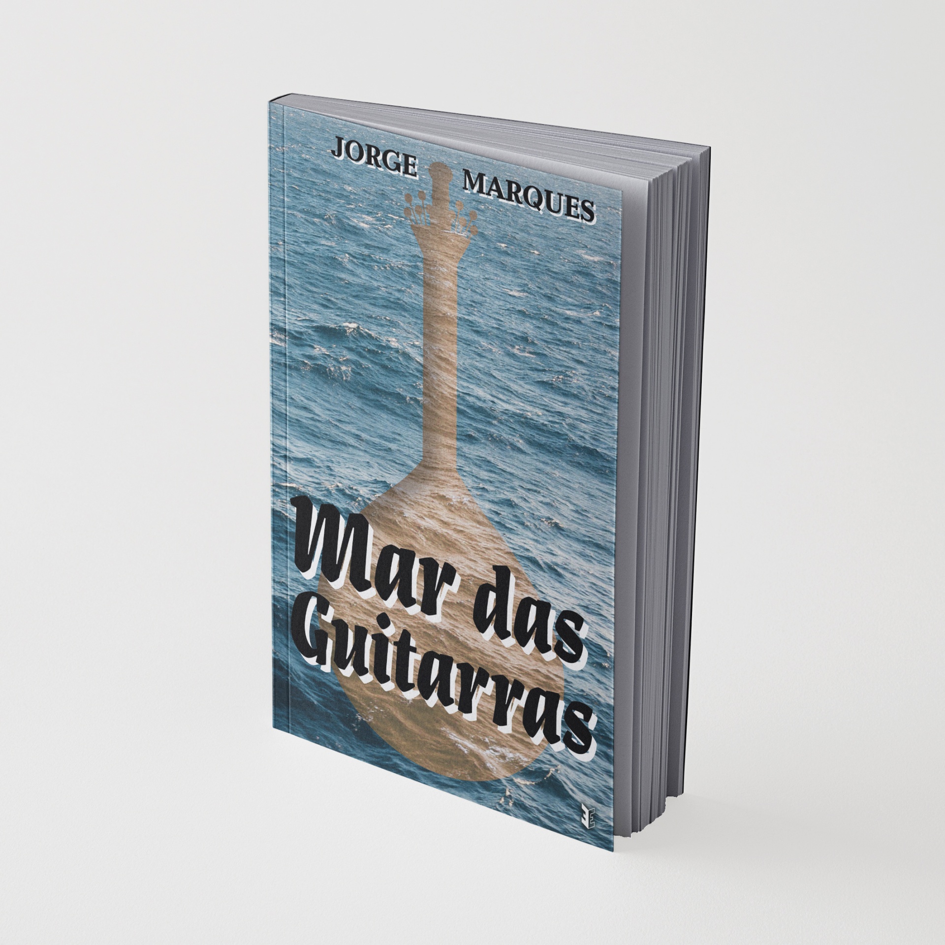 Livro com capa azul e design de ondas do mar com guitarra e texto
